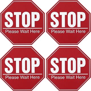 5Sheets Social Distancing Floor Decals PVC Stickers with Clear Stop Please Wait Here Message Eye-catching Removable Stickers for Schools Malls Pharmacies and Workplaces