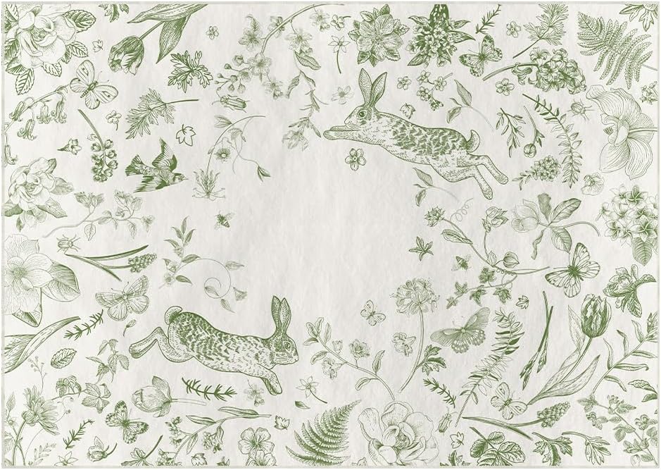 Artoid Mode Monochrome Sketch Floral Bunny Easter Area Rug, Spring Summer Home Decor Low-Profile Washable Area Rugs for Entryway Bedroom Living Room Laundry Room Indoor 5x7 Feet 5' x 7' Green