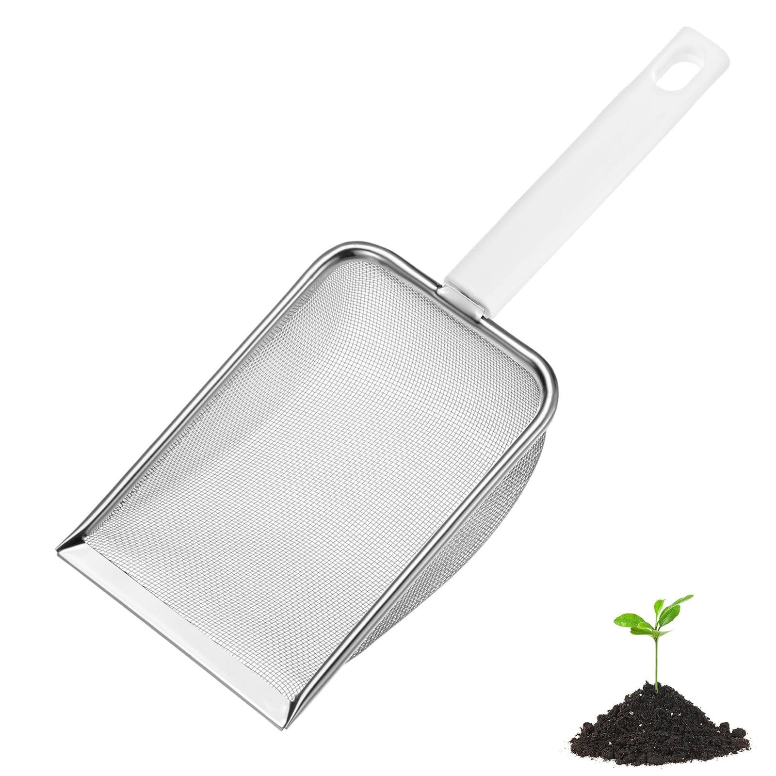 M METERXITY 1-Pack Gardening Soil Sifter, 1 mm Mesh Stainless Steel Portable Gardening Sifter with Plastic Handle for Sand/Dirt/Rock/Compost [White, Milky]