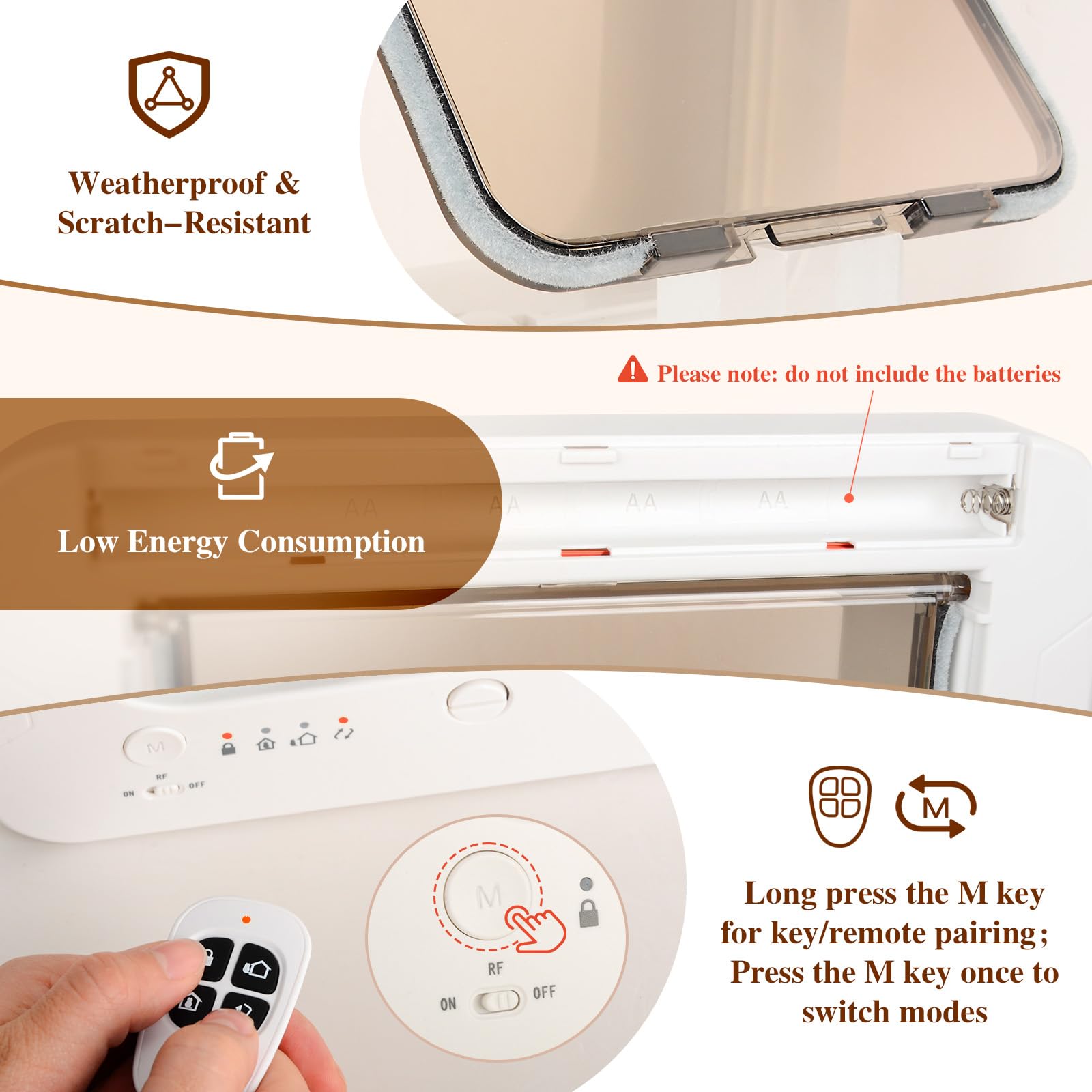 Puerta inteligente para gatos para interior y exterior, puerta de microchip para mascotas con 3 llaves de sensor de collar, 1 control remoto y solapa de bloqueo de 4 vías con sensor de collar RFID