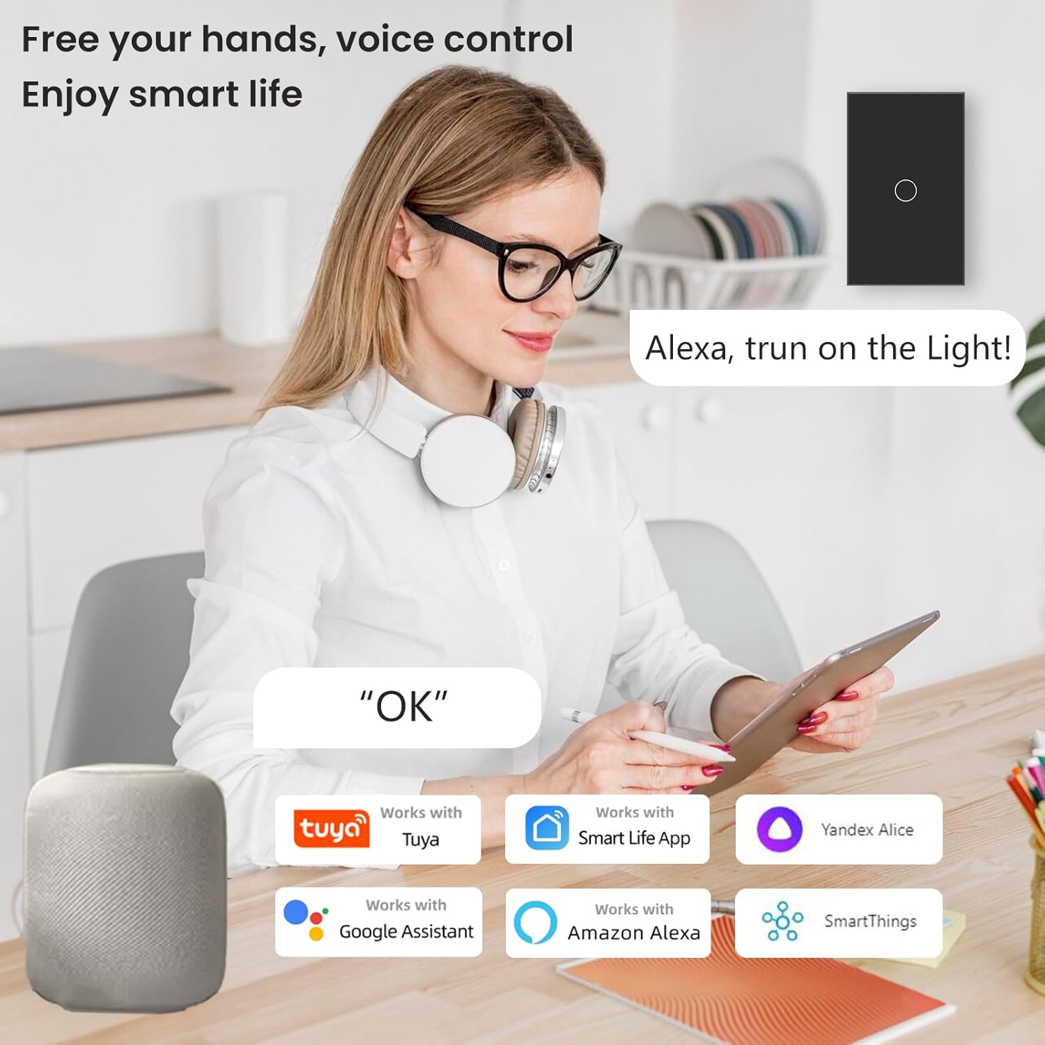 WiFi Smart Light Switch,1-Button Single Gang 2.4GHz Wi-Fi Touch Switch, Neutral Wire Required,Work with Smart Life/Tuya App and Alexa,Black