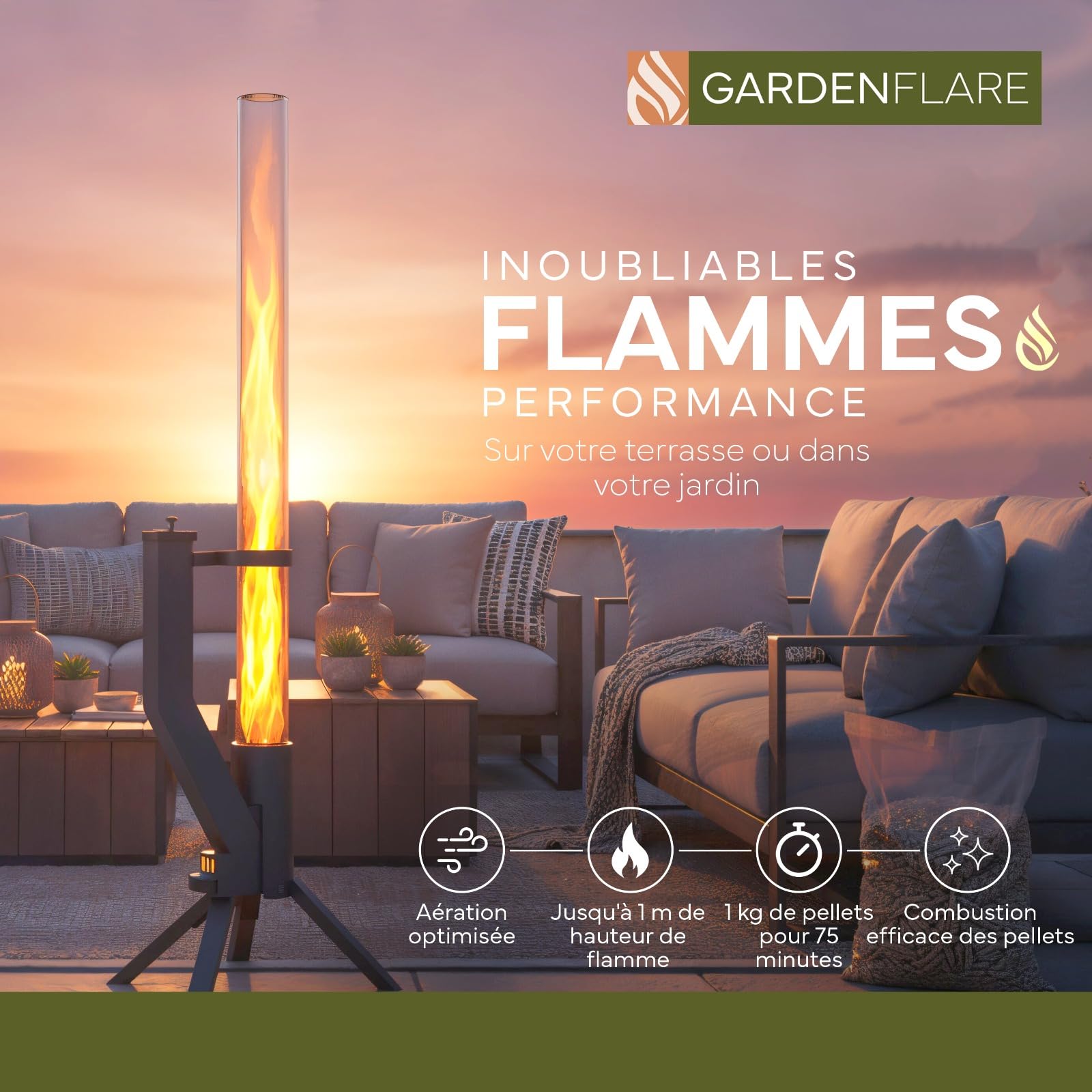 GARDENFLARE Torche à Pellet pour Jardin & Terrasse – Cheminée à Pellet Noire, Brasero Granulés Élégant, Flamme jusqu'à 1m, Brûle 75 Min, Acier Inoxydable, Conçu en Allemagne