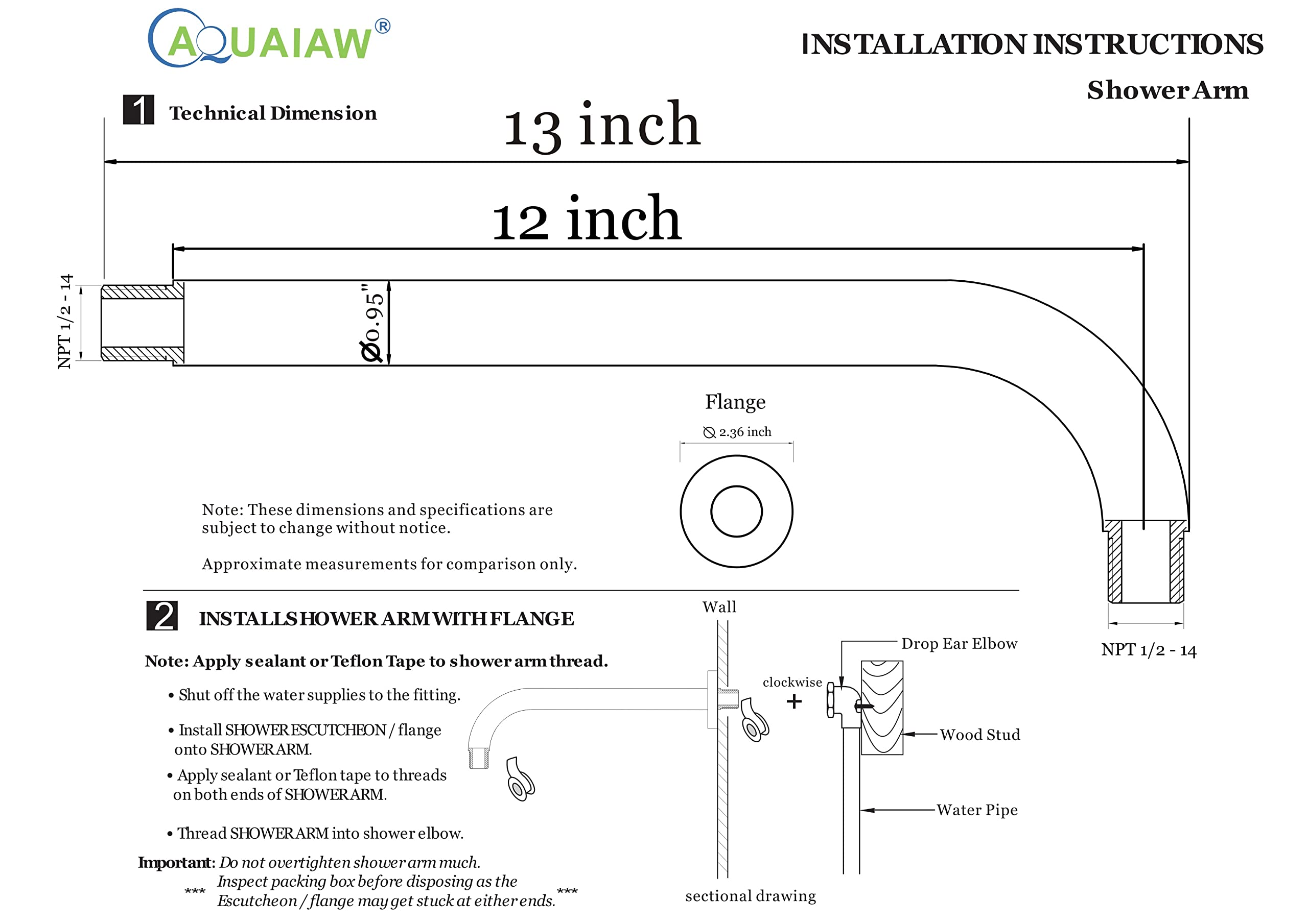 Ramię prysznicowe i kołnierz O-ring, 30 cm, solidny mosiądz, okrągły, czarny matowy, oba stożkowe gwinty 1/2 NPT, wygięte ramię prysznicowe, uchwyt ścienny przedłużacz głowicy prysznicowej, ramię głowicy prysznicowej, ramię głowicy deszczownicy