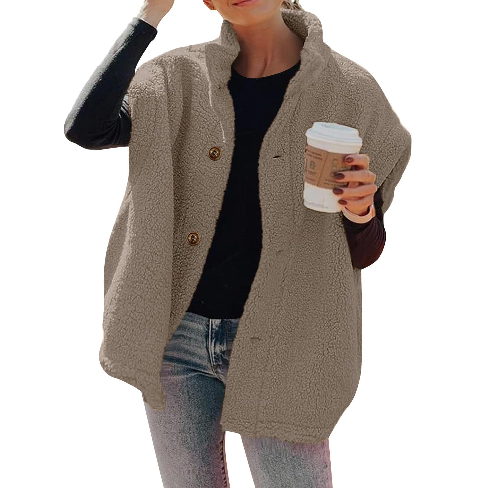 FUPODD Fleece Weste Für Damen Winter Leicht Teddy Damen-Westen Elegant Knöpfe Fleeceweste Ärmellos Plüschweste Einfarbig Flauschig Teddyfleece Longweste Taschen Plüsch Teddywesten Frauen Kuschelig