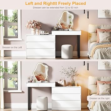 BROTTAR Vanity Dressing Tables with LED Mirror, Vanity Table Makeup Desk with Glass Top, Storage Cabinet, 5-Drawers Makeup Organiser, Modern L-Shaped Dresser for Bedroom