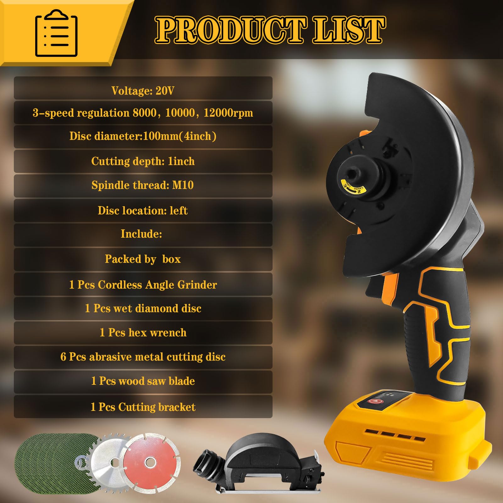 Bezszczotkowa akumulatorowa szlifierka kątowa kompatybilna z Dewalt 20 V, 500 W, 10 cm, mini szlifierka akumulatorowa z 9 ostrzami pił, 3 prędkości dla wydajnego szlifowania (bez baterii) (z płytą