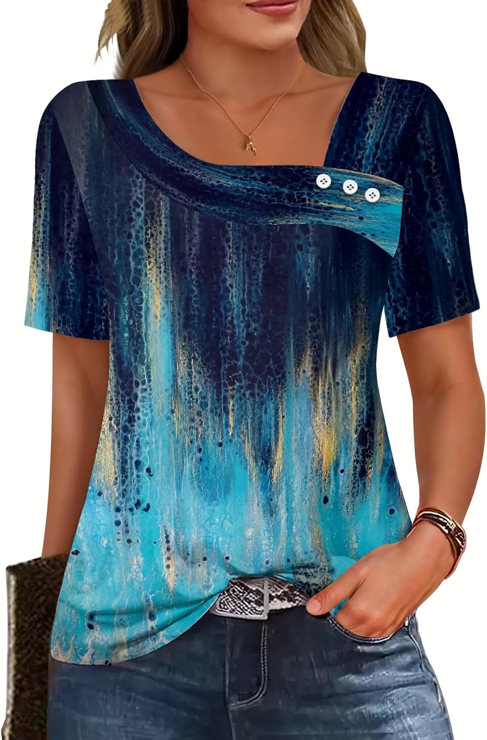 Soesdemo Short Sleeve Shirts for Women Asymmetrical Square Neck with Button Tops Casual Flowy Lightweight Summer Blouses