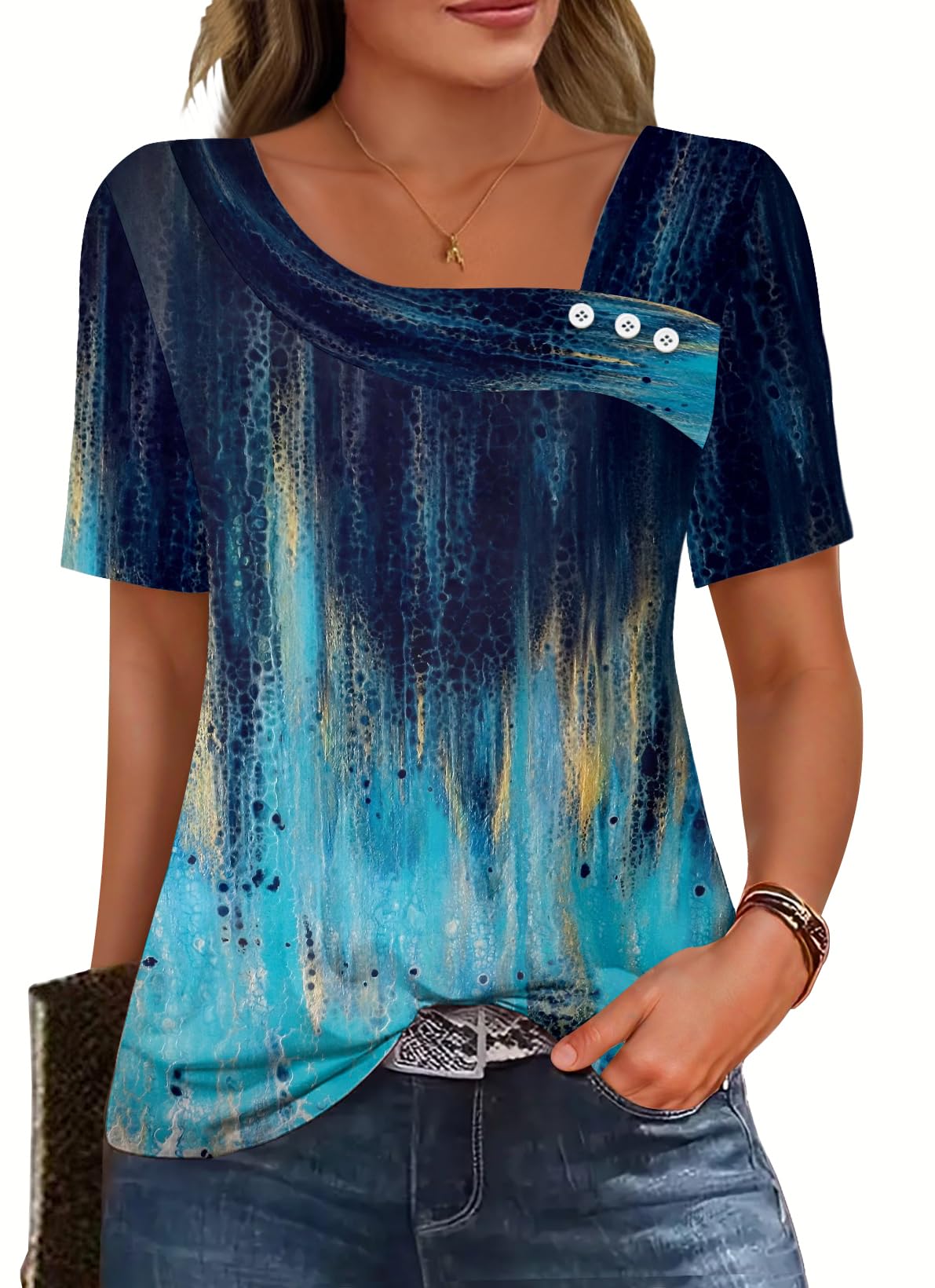 Soesdemo Short Sleeve Shirts for Women Asymmetrical Square Neck with Button Tops Casual Flowy Lightweight Summer Blouses