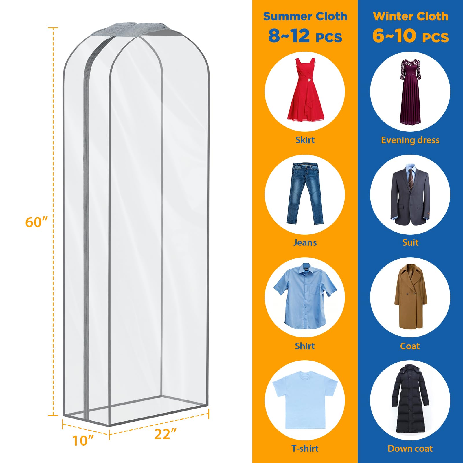 Zilink Bolsa de ropa transparente reforzada de 10 pulgadas para vestidos de 60 pulgadas de largo, bolsas de ropa para colgar ropa, bolsas de vestido de novia a prueba de polvo para vestidos largos, 4