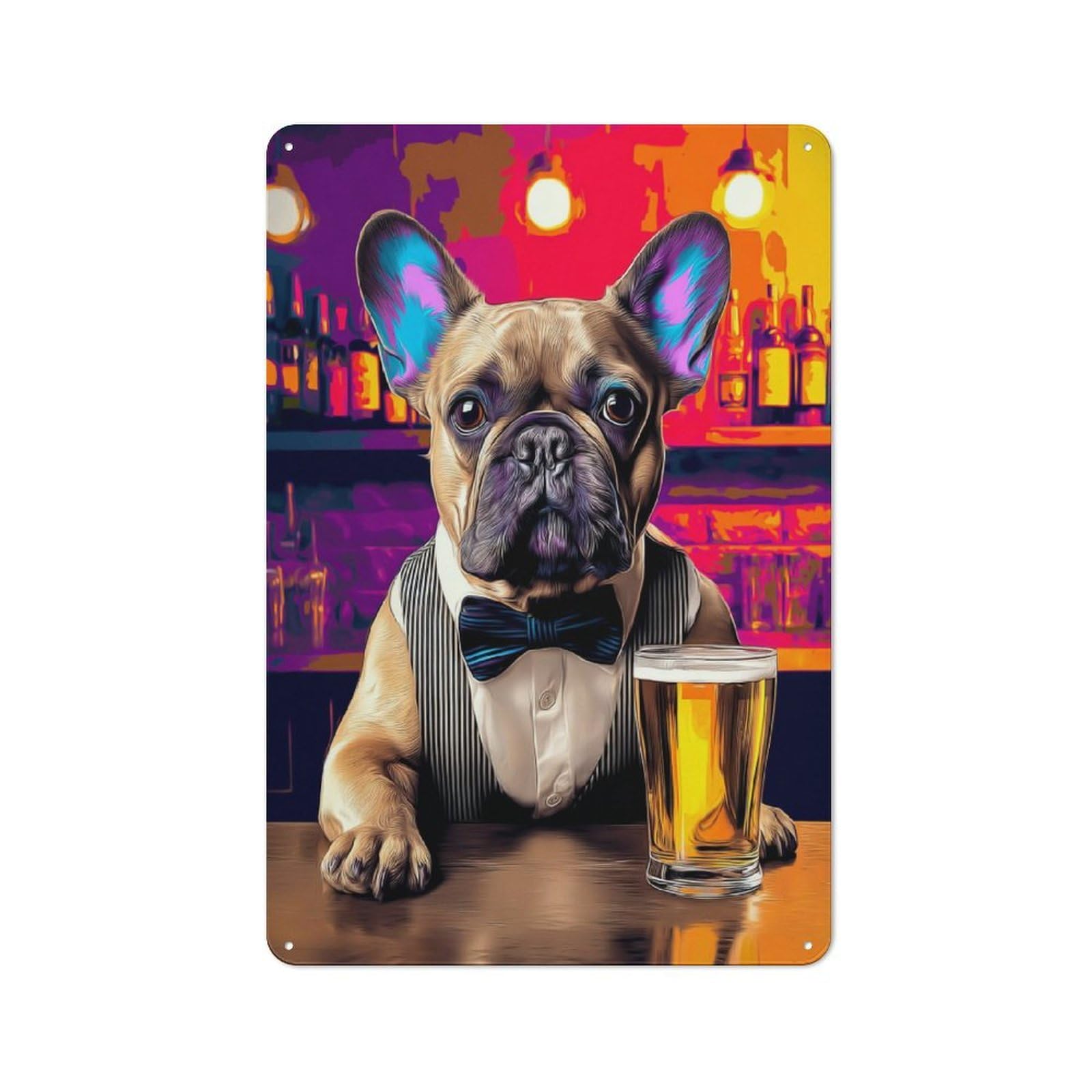 Retro Frenchie in Tuxedo with Beer Metal Sign 30x20cm, Classic Pub Decor for Cafe, Pub, Workshop Or Home Bar, for Casual British Interiors