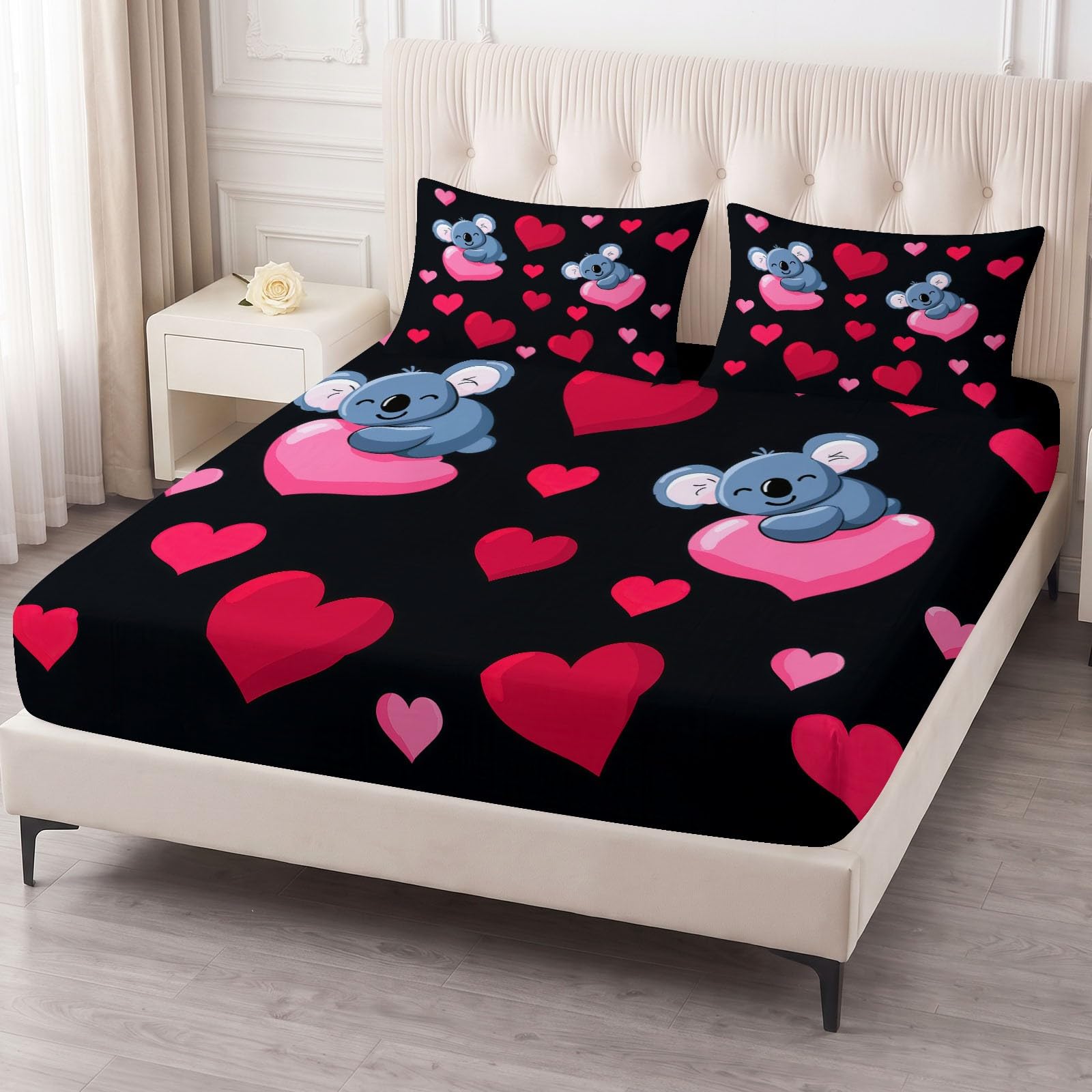 Juego de 3 sábanas bajeras ajustables de 90 x 200 cm para cuna, diseño de dibujos animados, de microfibra transpirable, sábana bajera con bonito corazón de koala y 2 fundas de almohada con cremallera