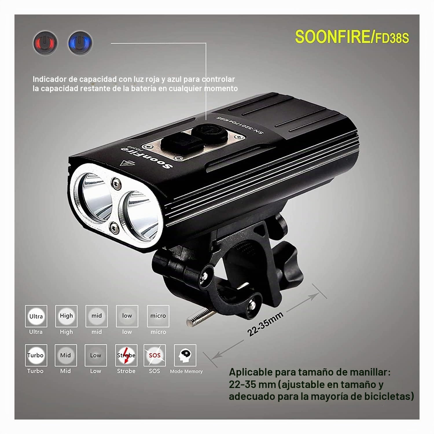 Farderos de Bicicletas Recargables USB FD38S, Dos lúmenes XM-L2 LED 1870, luz de Bicicleta súper Brillante Impermeable, ensamblaje Simple y desmontaje