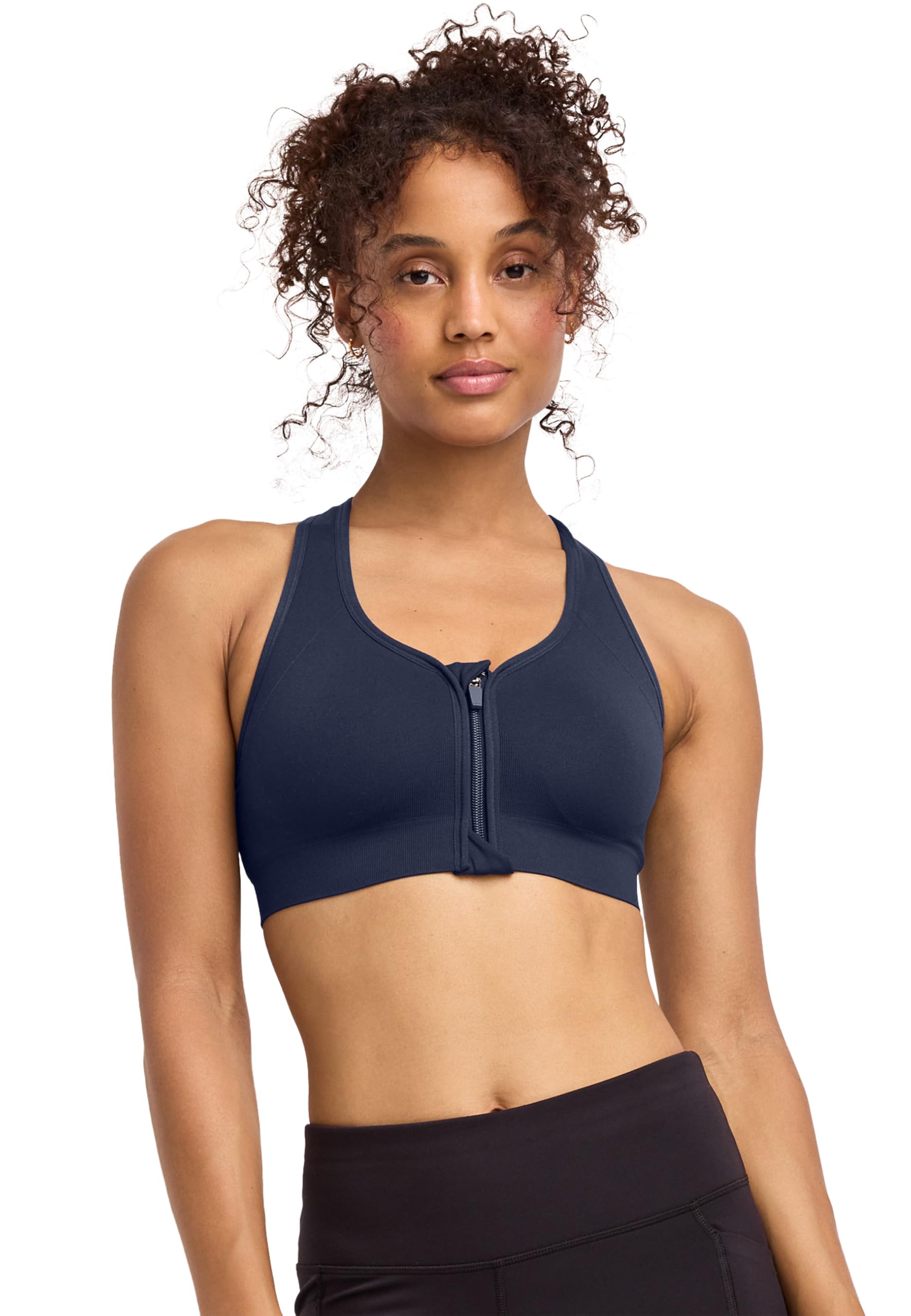 Jockey Women's Blue Seamfree Mid Impact Zip Front Sports Bra, M