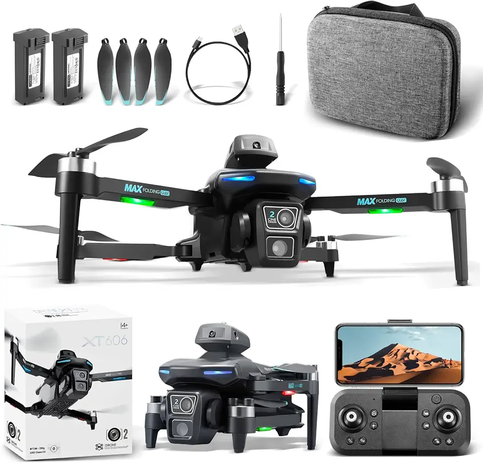 Drone com Camera 4K HD, XT606 Drone Profissional, com Flutuação de Fluxo Óptico, Comutação de Lente Dupla, Rolagem de 360°, Fotografia por Gestos, Drones com 2000mAh Bateria