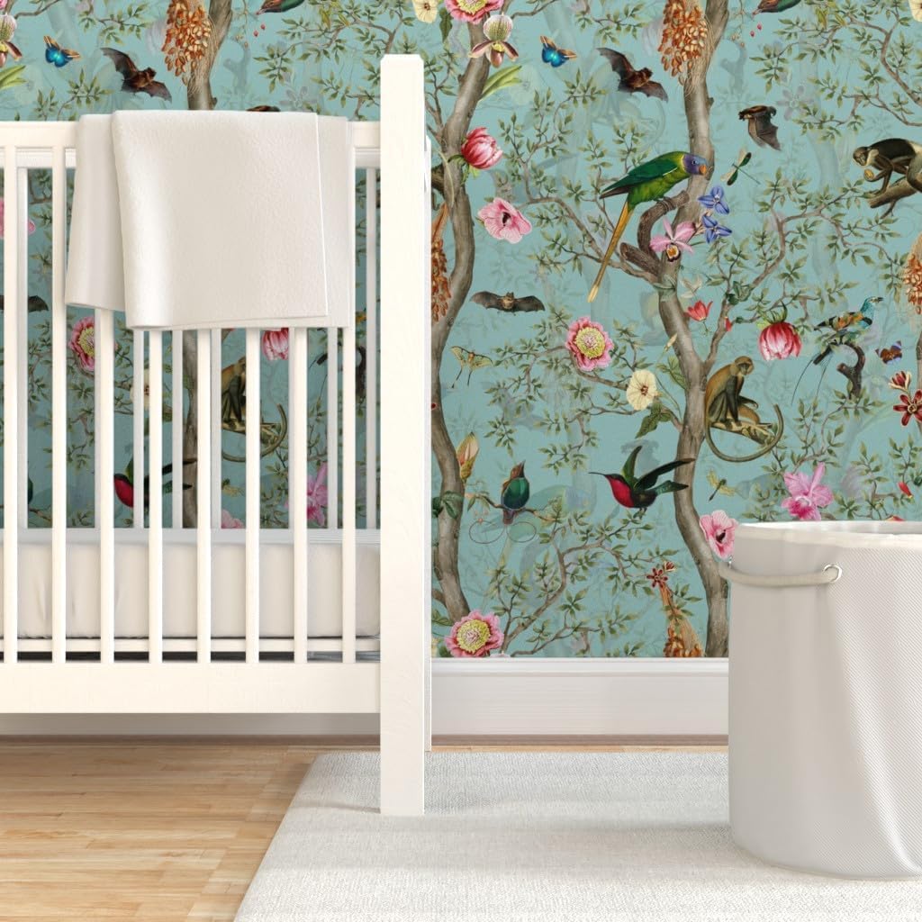 Peel & Stick Wallpaper Swatch - Romantic Chinoiserie Nostalgic Antique Botanical Garden Rococo Flower Toile Monkeys Jungle Custom Removable Wallpaper by Spoonflower