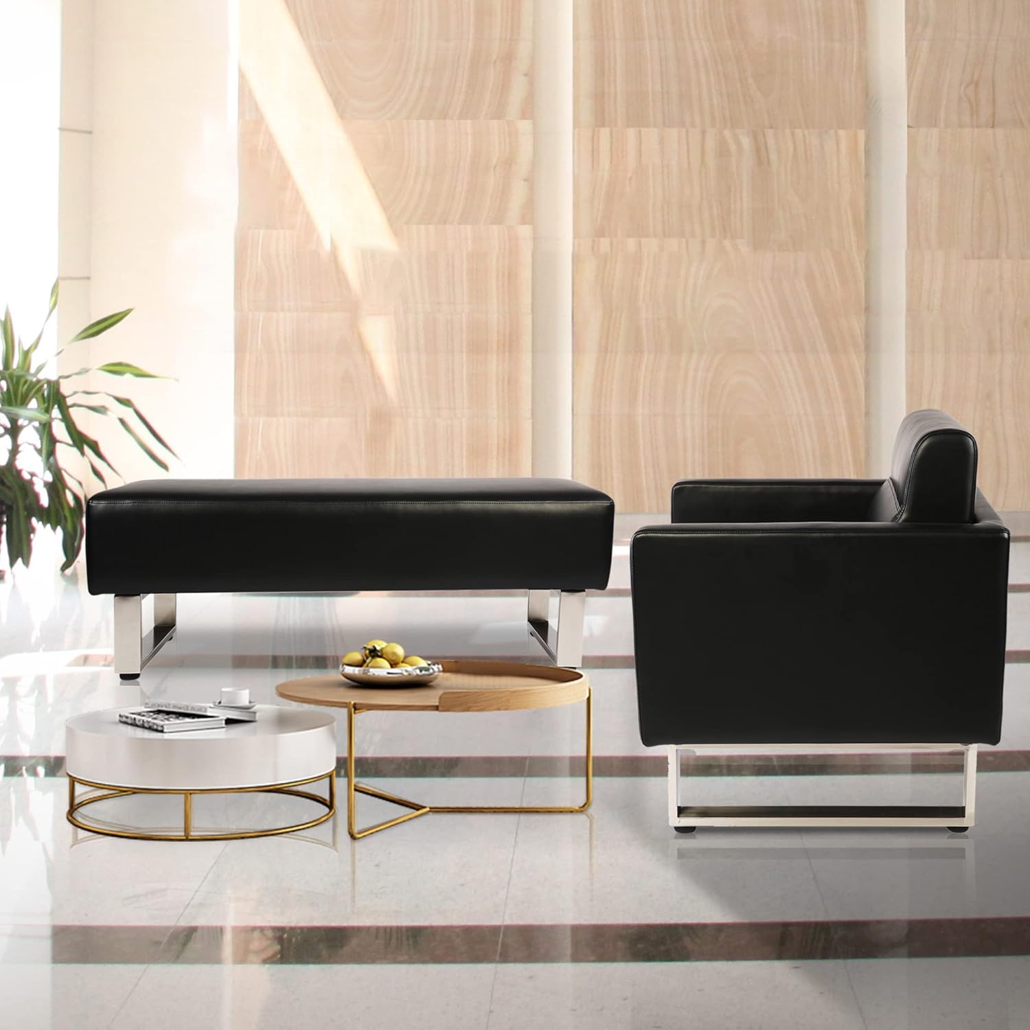 LUCKYERMORE Faux Leather Bench, Black, 48"x20" Upholstered Padded Seat for Reception, Waiting Room, Office Lobby