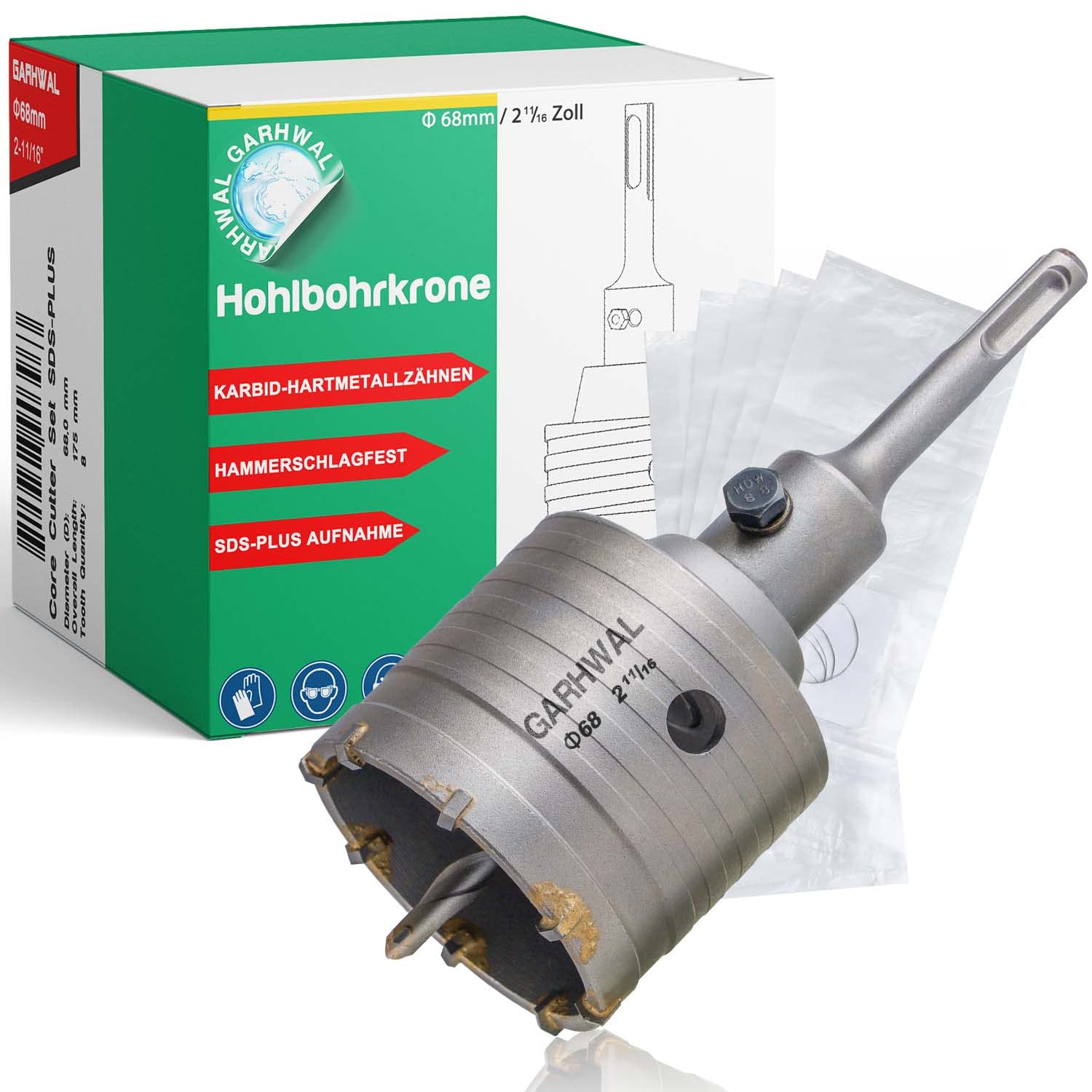 Bohrkrone 68mm + SDS Plus Adapter 350mm für Bohrhammer Dosenbohrer Kernbohrer Bohrkrone 68mm + SDS Plus Adapter 350mm für Bohrhammer Dosenbohrer Kernbohrer