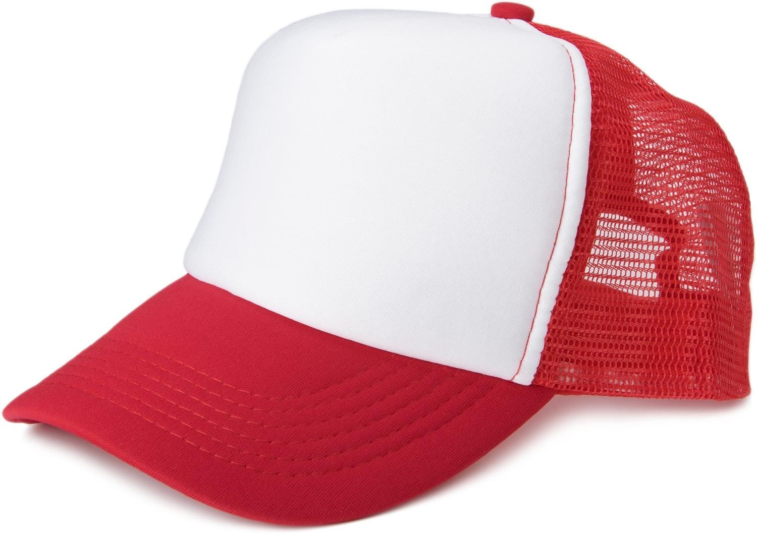 Stylebreaker Unisex White-Red 5-Panel Mesh Cap, Trucker Baseball Cap, Adjustable Click And Snap Closure, Cap 04023007, Colour:
