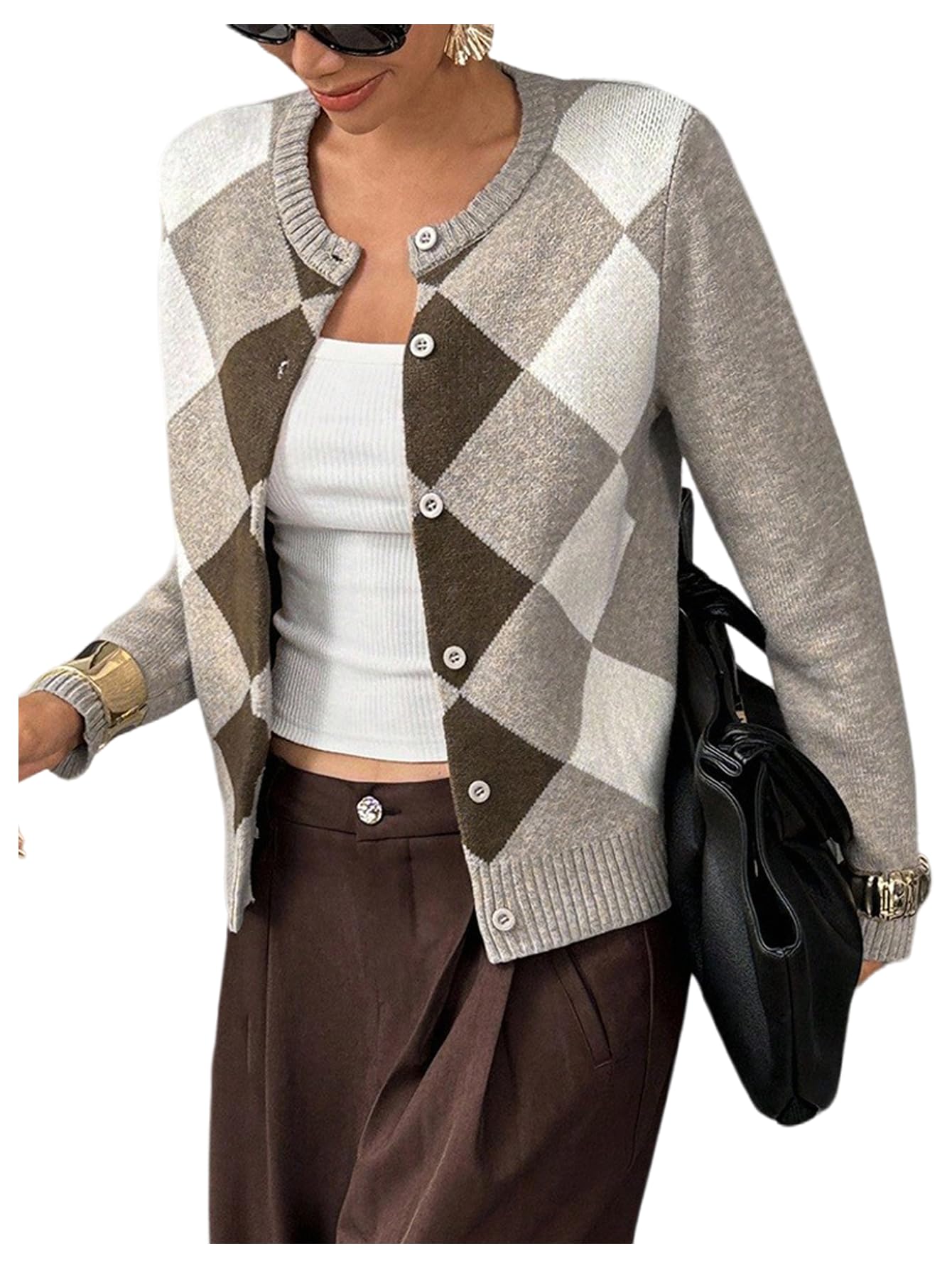 SOLY HUX Womens Argyle Plaid Cardigan Sweater Button Down Long Sleeve Crew Neck Trendy Sweaters Fall Clothes