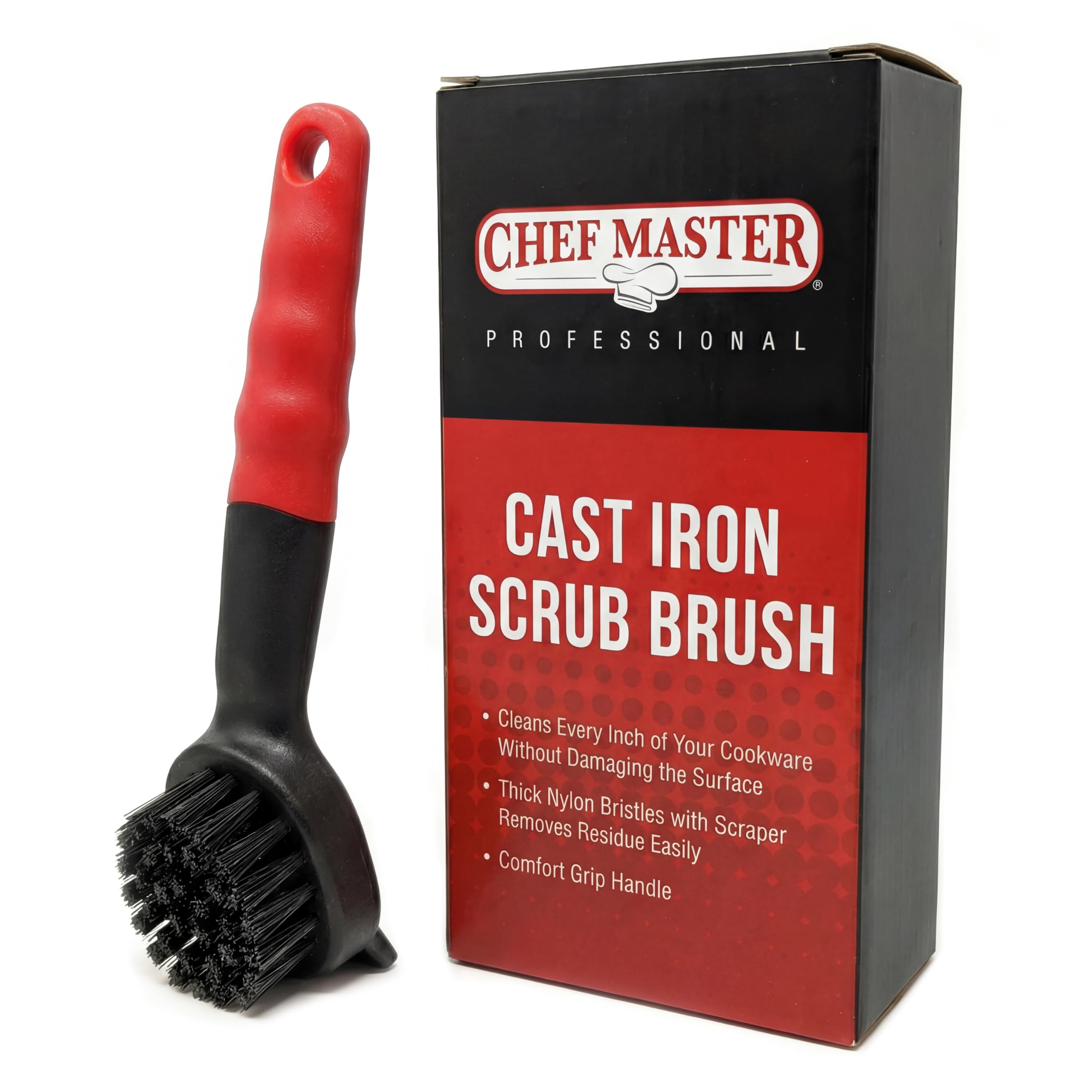 Cast Iron Scrub Brush with Heavy Duty Scraper - Nylon Bristles Dish Scrubber for Pans, Skillets and Woks – Kitchen Cleaner Removes Grime, Grease, Food Build Up - 90058 by Chef Master