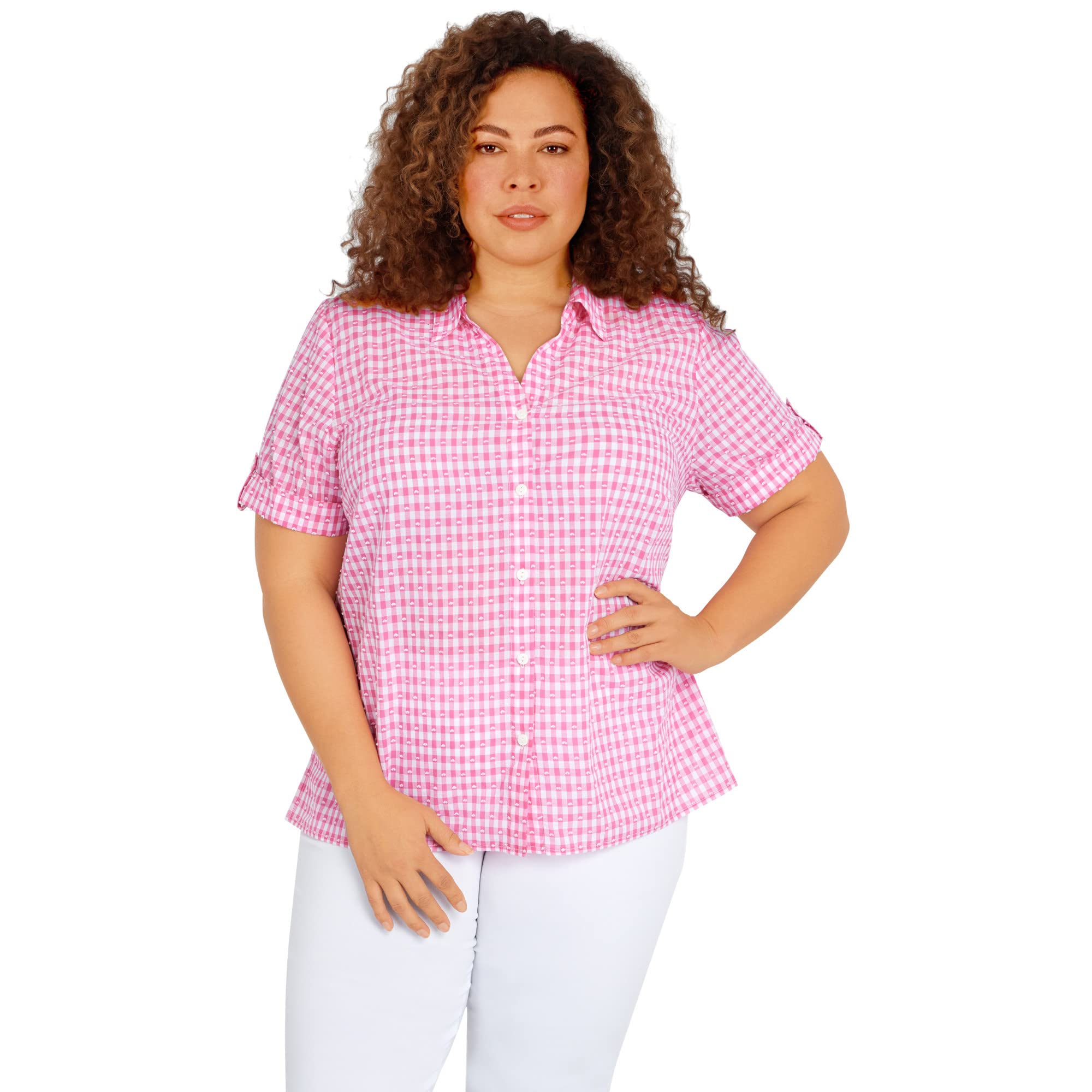 Alfred Dunner Women's Stencil Floral Short Sleeve Button Down Top