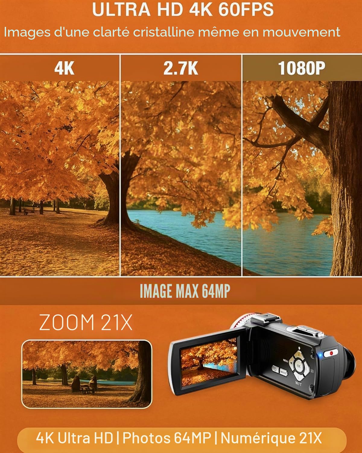 Caméscope Caméra Vidéo 4K 48MP, Zoom Numérique 21X Caméra de Vlogging à écran 3,0'' 270° pour Youtube, Camescope à Lumière avec 2 Piles, Microphone, Câble HDMI, Carte TF 32 Go