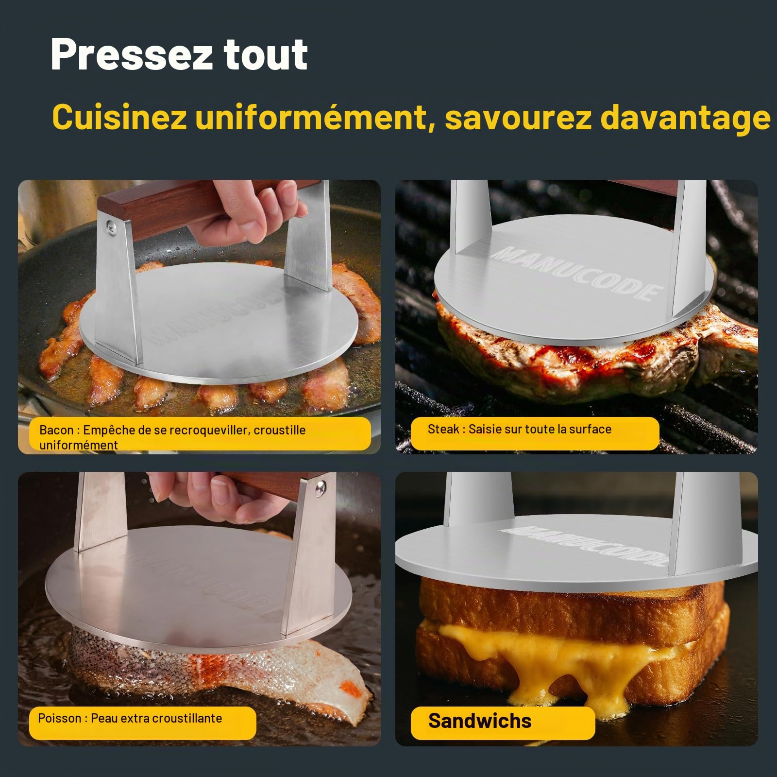 Presse à hamburger Smash en acier inoxydable, 17cm, 1000g Smasher à burger, presse-viande pour steak