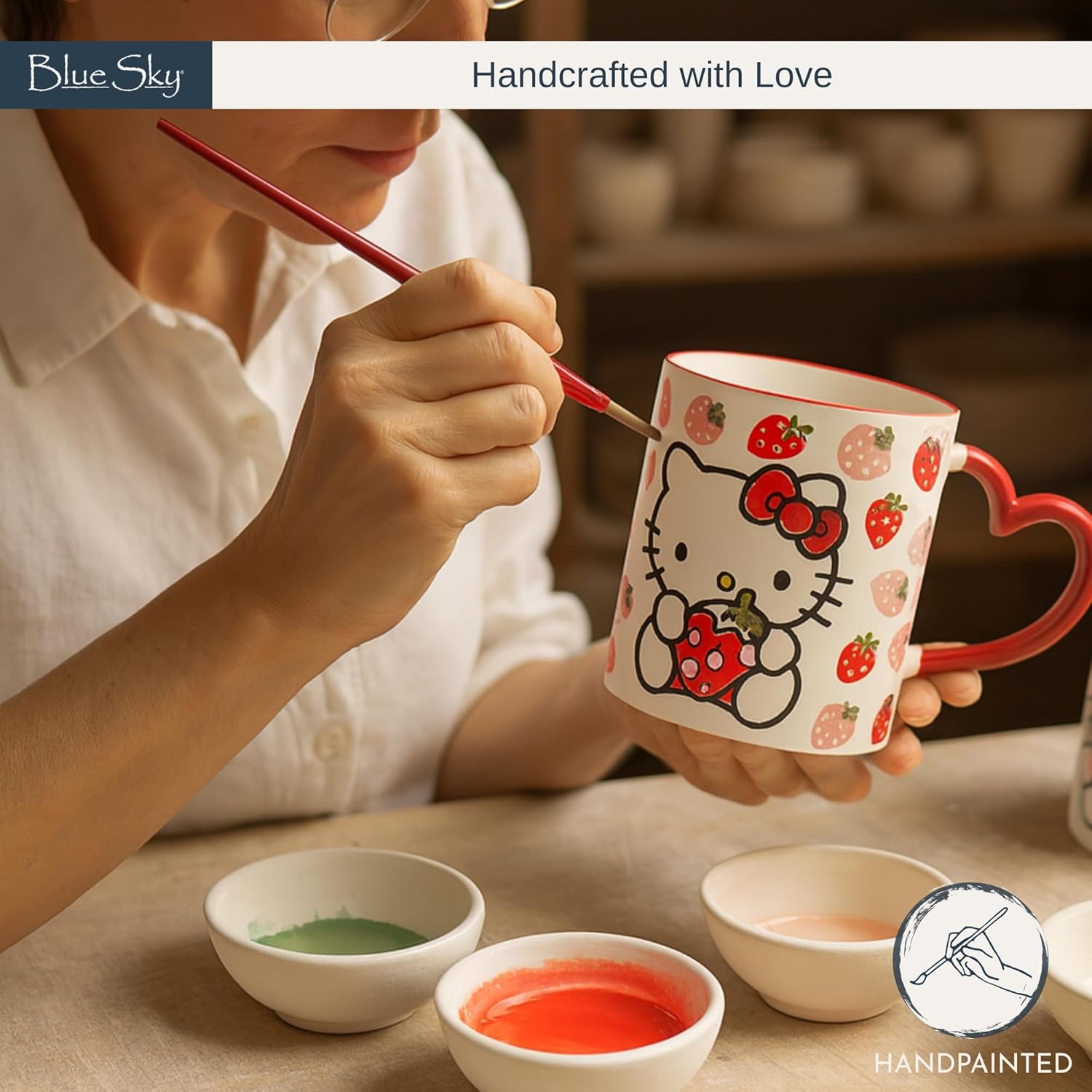 Blue Sky Clayworks Hello Kitty Strawberry Theme Mug Set of 2, Ceramic, 6" L x 5" W x 5" H, 21 oz, Heart-Handle Berry Duo