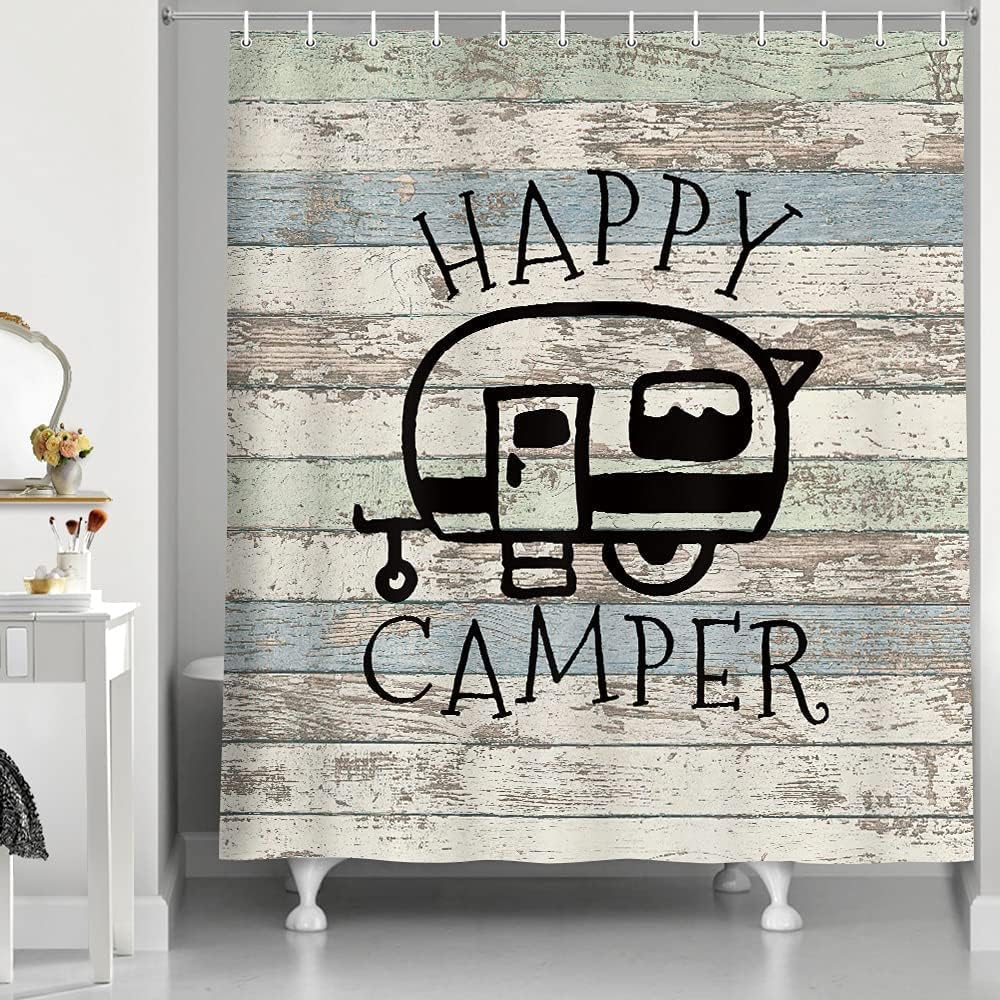JAWO Happy Campers Shower Curtain Retro Rustic Wood Neutral Color for Travel Trailer Camping Theme Motor RV Bathroom Stall Shower Curtain Set, Waterproof Fabric Shower Cutain, Hooks Include 72X75