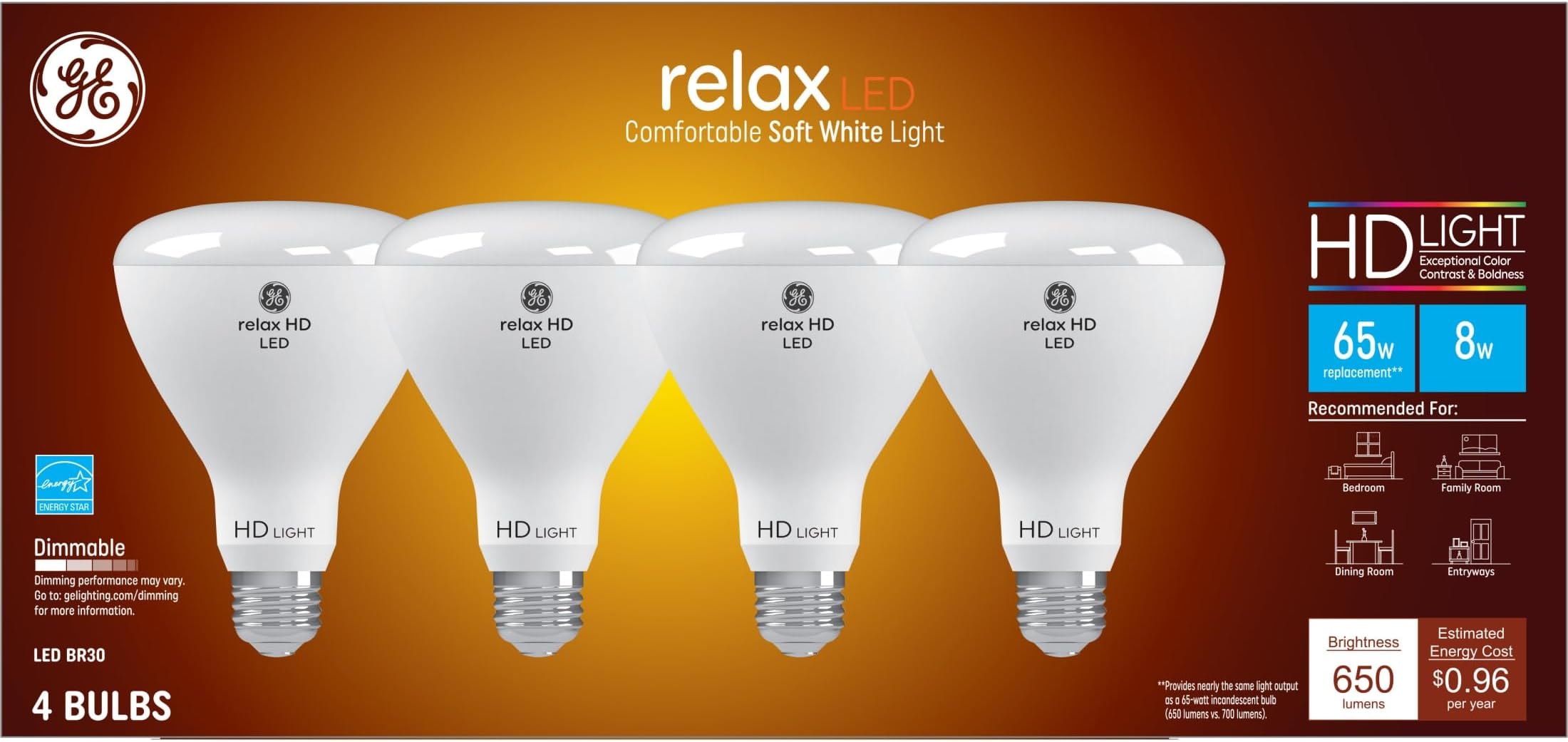 GE Relax LED Light Bulb, 65 Watt, Soft White, BR30 Indoor Floodlight (4