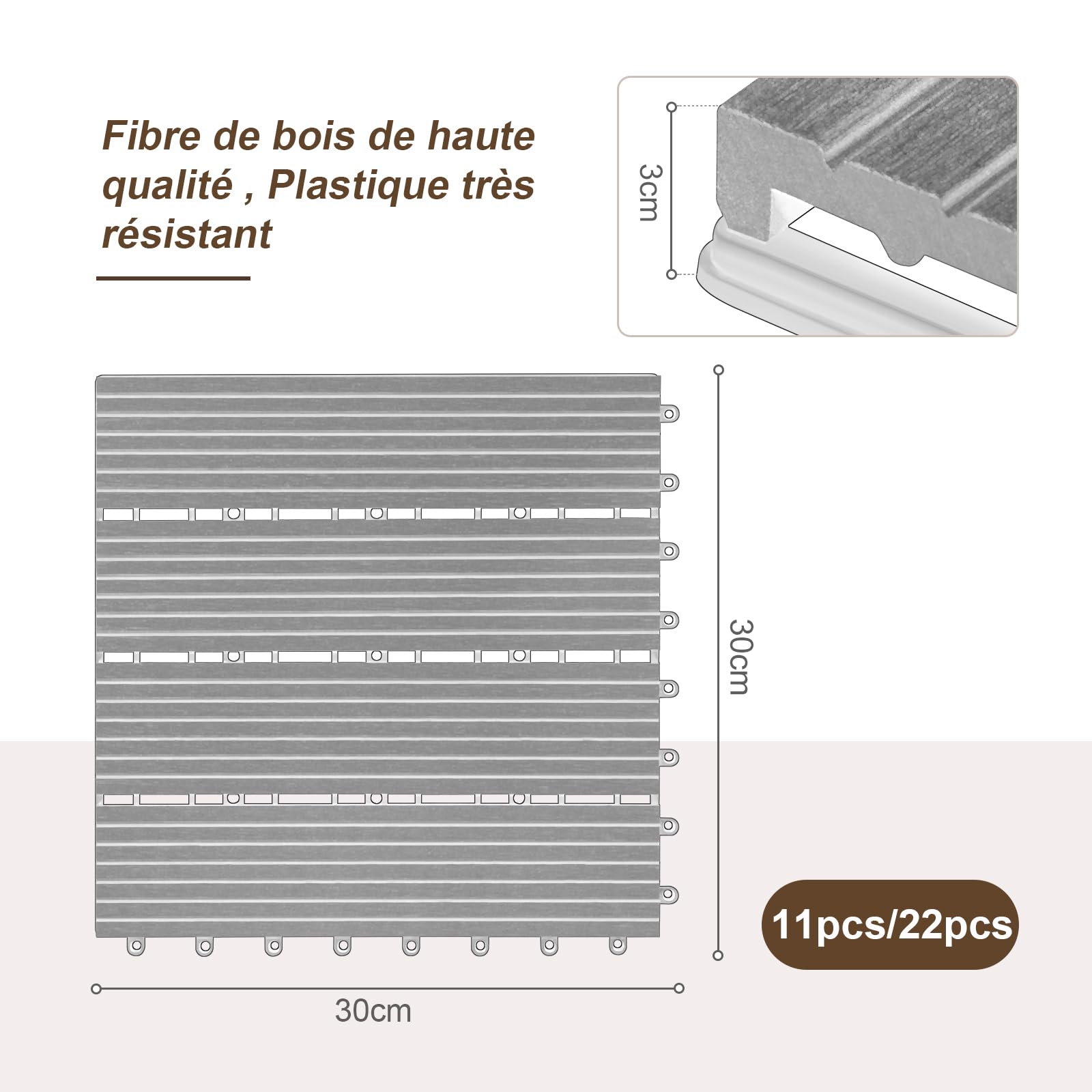 Laneetal Lot de 11 Carreaux de Terrasse à Lattes en WPC, Dalle de Terrasse Clipsable en Composite à Emboîtement, Carreaux Extérieur pour Jardin, Patio, Balcon, 30x30cm, Brun clair