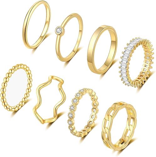 WFYOU Gold Rings for Women Non Tarnish 8PCS 14K Gold Plated Stacking Ring for Wo