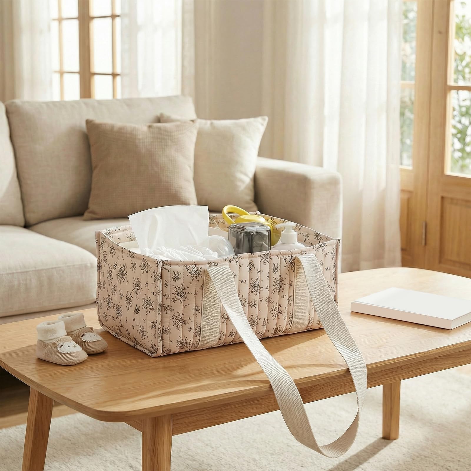 Floral organizer na pieluchy z uchwytem, stylowy kosz do przechowywania do pokoju dziecięcego z wyjmowaną ścianką działową