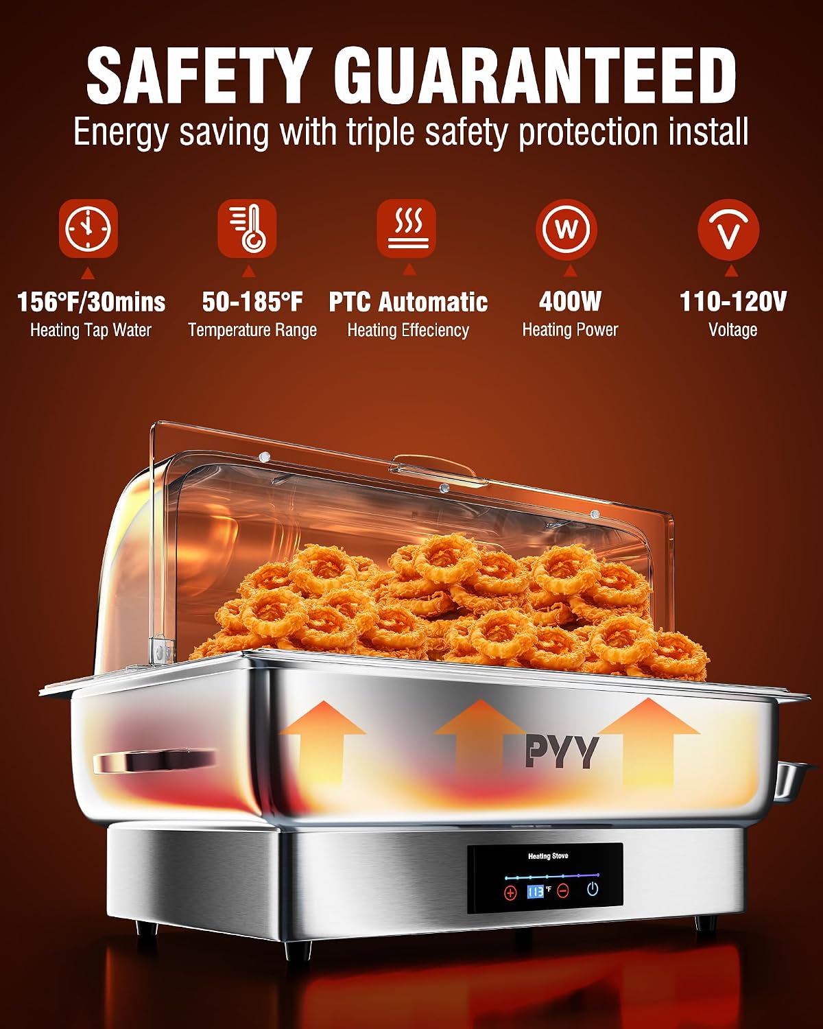 PYY Electric Chafing Dish Buffet Set – Roll Top, Stainless Steel Chafer with Side Handles, Clip Storage Plate & Full Size Pans for Catering Parties Weddings