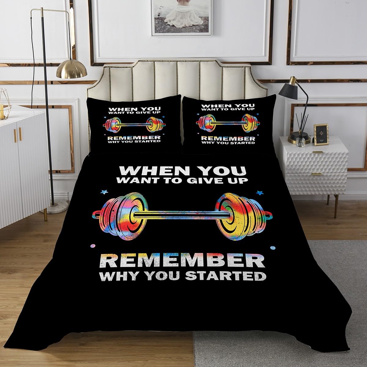 Set di biancheria da letto trapuntato, 3 pezzi, con 2 federe, per palestra, fitness, sport, gioco a tema, per sollevamento pesi e sollevamento pesi, per decorare la stanza
