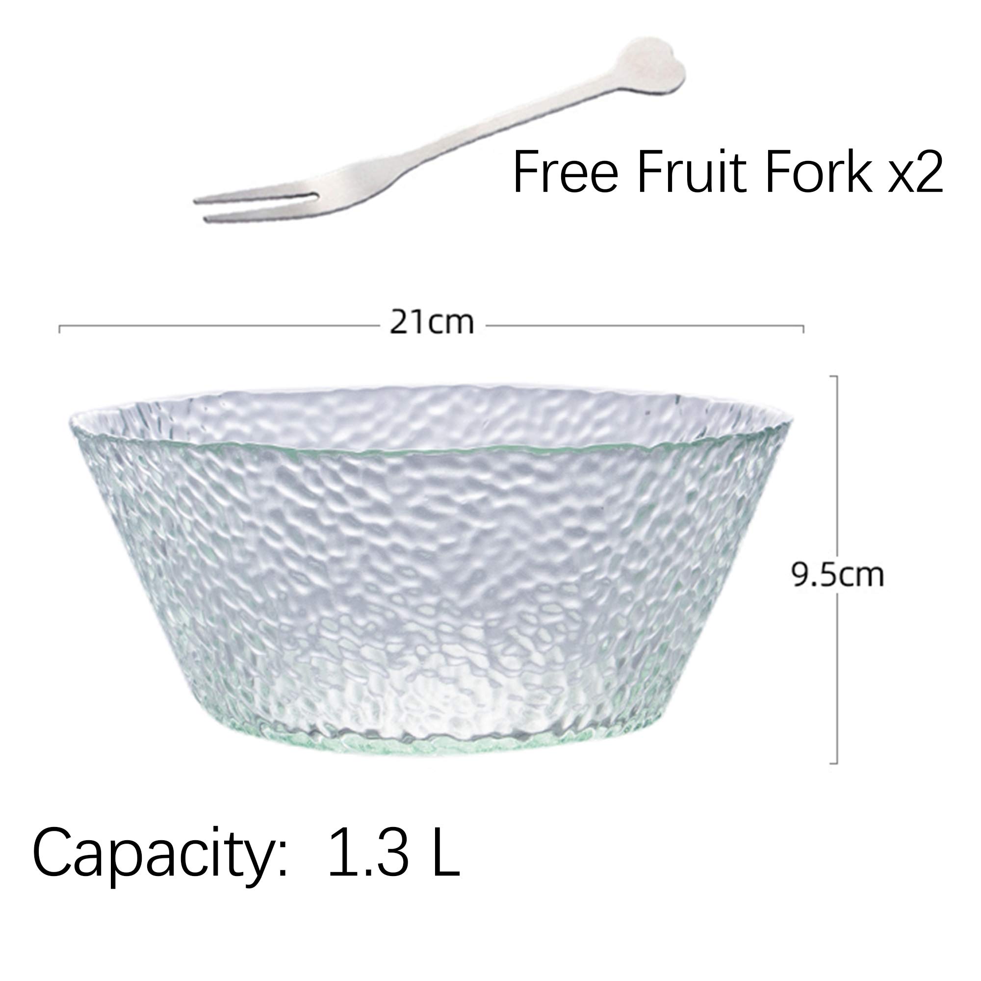 Glas Obstschale Salatschüssel Verdicken Transparente Runde Schüssel für Obstkorb Gemüsesnack (21x9.5 cm), Beinhaltet 2X Fruchtgabel