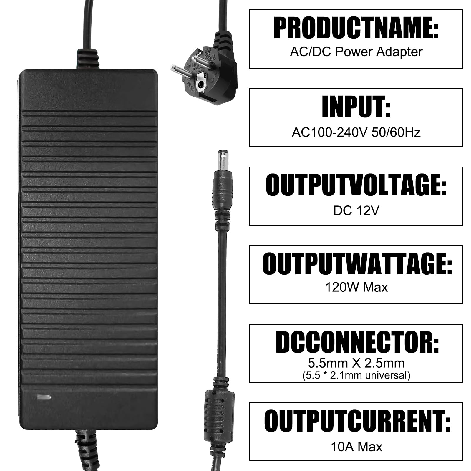 Zasilacz 12V 10A: Transformator LED 120W, zasilacz sieciowy 110-240V AC do 12V DC 10A, przetwornica napięcia transformator dla taśm LED, routerów, głośników, telewizorów LCD, monitorów od Behogan