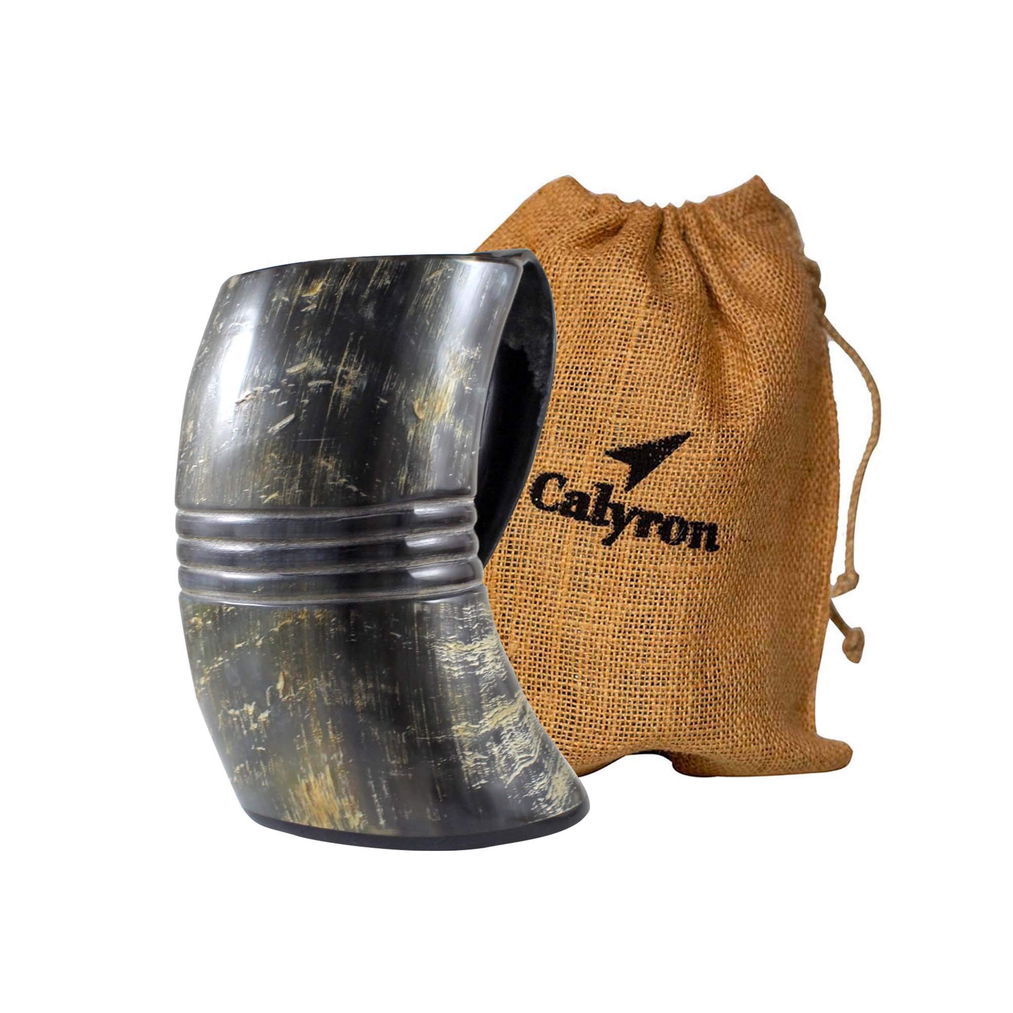 CalyronGenuine Viking 6 Inches Designed Engraved Beer Mug Mead Handmade Valhalla Drinking Ox Cup Horn Mugs Game of Thrones tankard Stein Stand Smell Proof for Guys Men