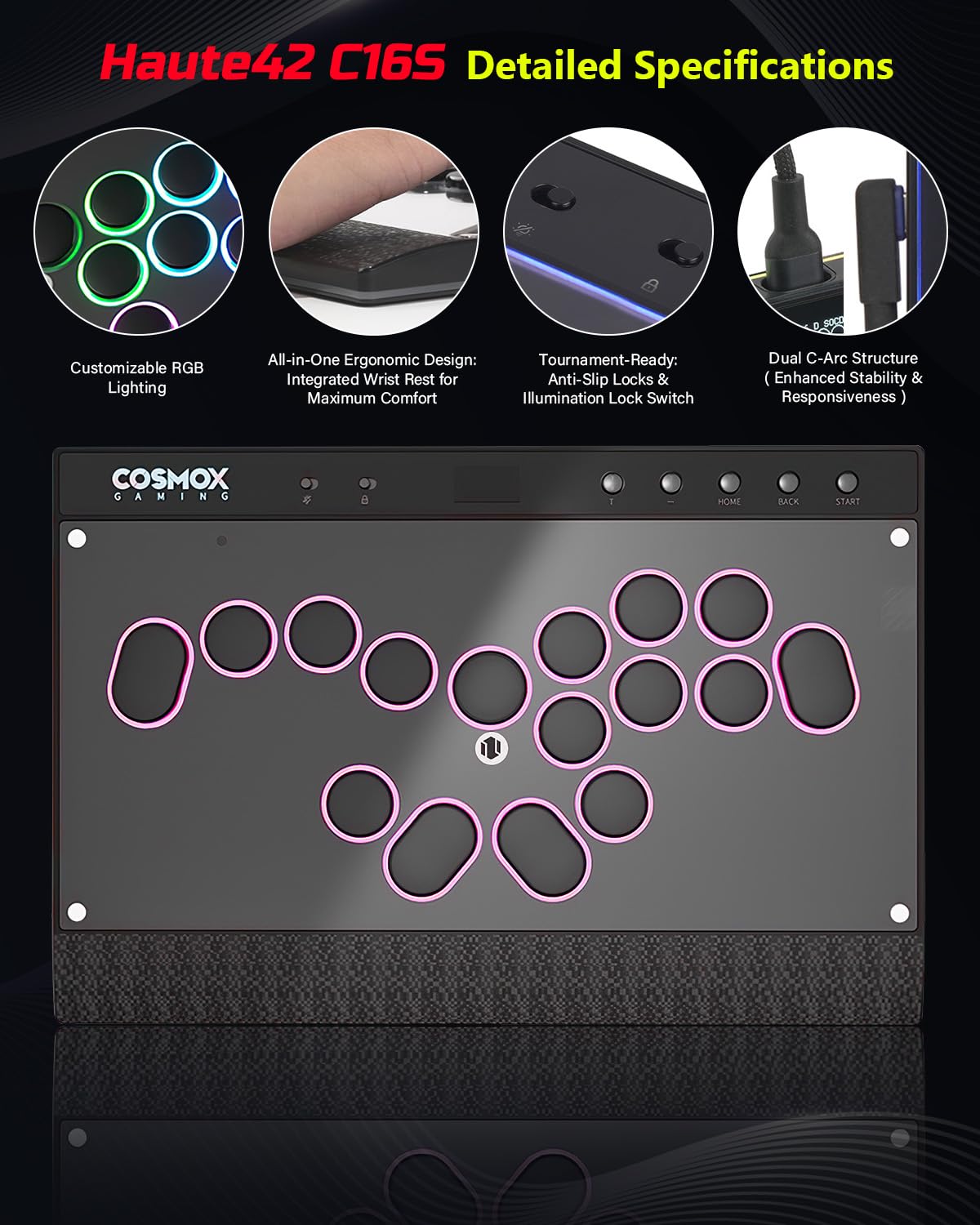 Semaiki Arcade Stick, C16S Arcade Controller mit Turbo und benutzerdefiniertem RGB, Arcade Fight Stick für Switch/PC/PS4/PS3, unterstützt Hot-Swap und SOCD