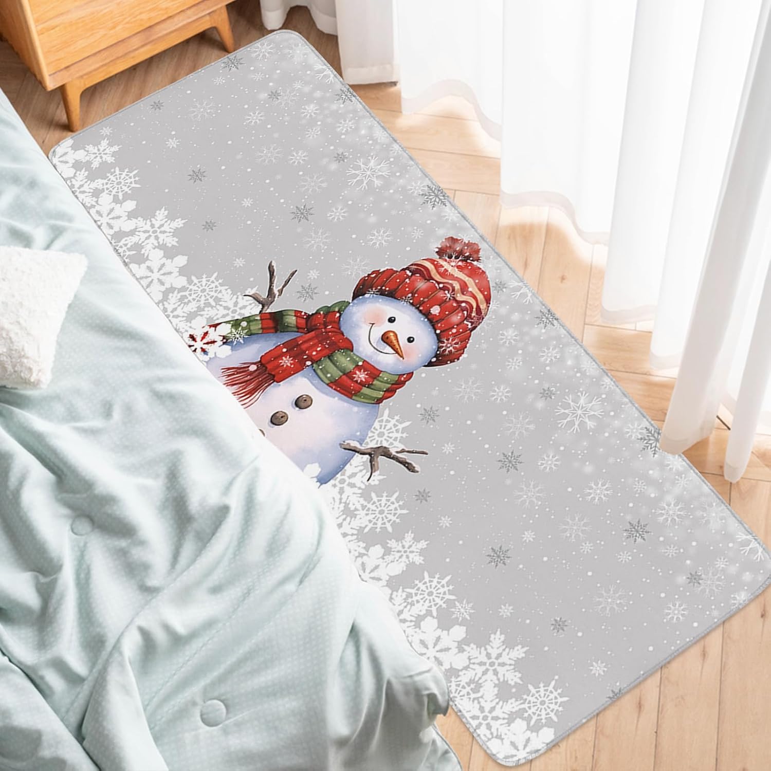 2 Piece Non-Slip Kitchen Mat Runner Rug Set Doormat Christmas Snowman with Cap Xmas Tree Snowflake Grey Door Mats Rubber Backing Carpet Indoor Floor Mat (15.7" x 23.6"+15.7" x 47.2")