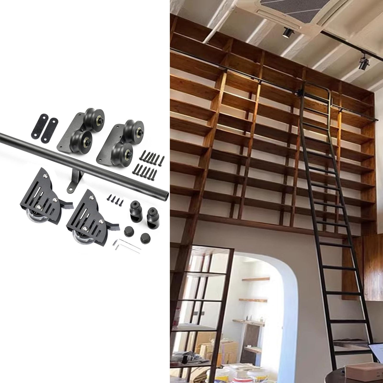Kit de rail pour échelle de bibliothèque roulante noire et quincaillerie coulissante
