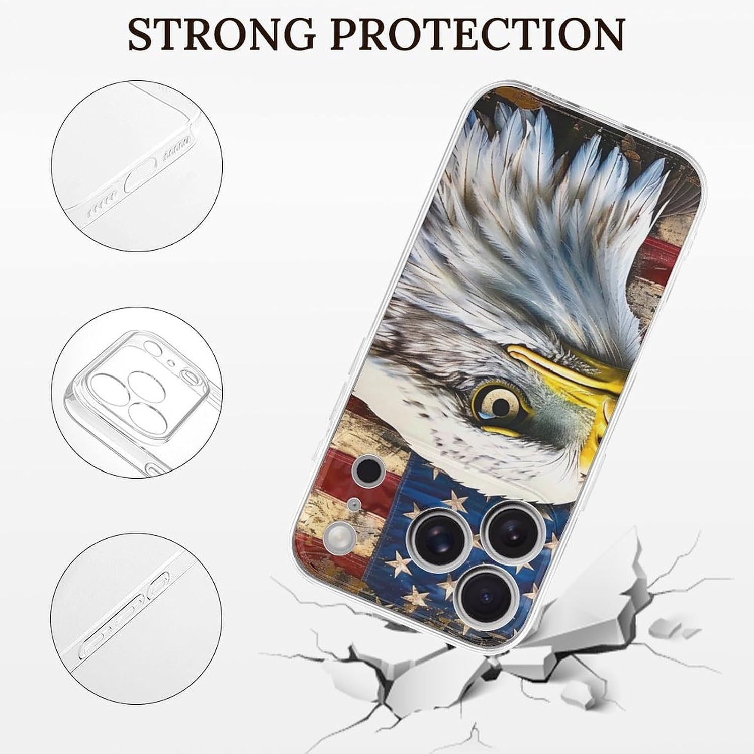 Clear Phone Case for iPhone 17 Pro Case, Patriotic Bald Eagle with American Flag Prints Shockproof TPU Cell Cover with Wireless Charging, Anti-Yellowing, Transparent image 2