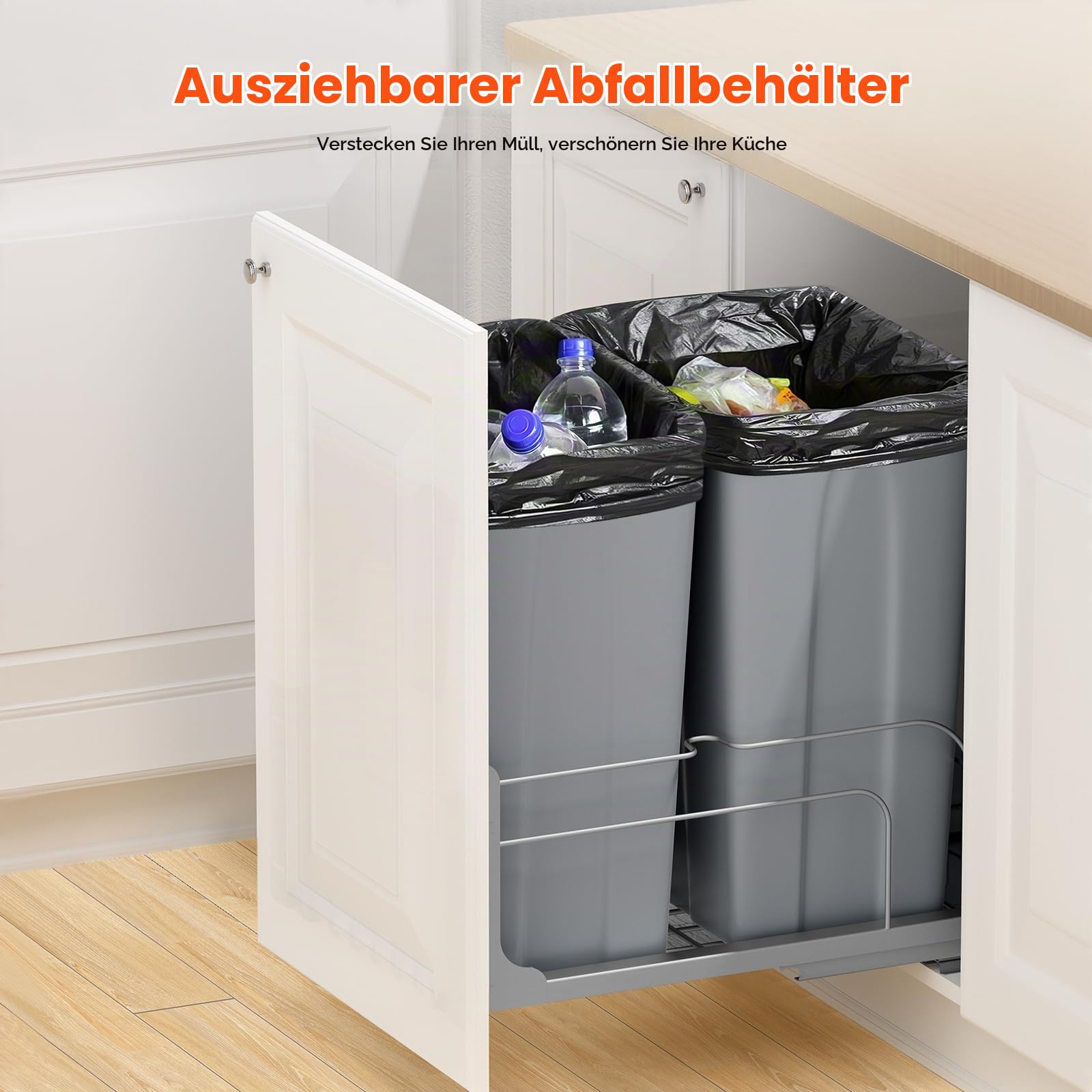 VEVOR ausziehbarer Abfallbehälter (50 Qt x2), doppelter Unterbau-Küchenabfallbehälter, Mülleimer mit Türsatz & Soft-Close-Schieberegler, für Küchenschrank Spüle unter der Theke (grau)