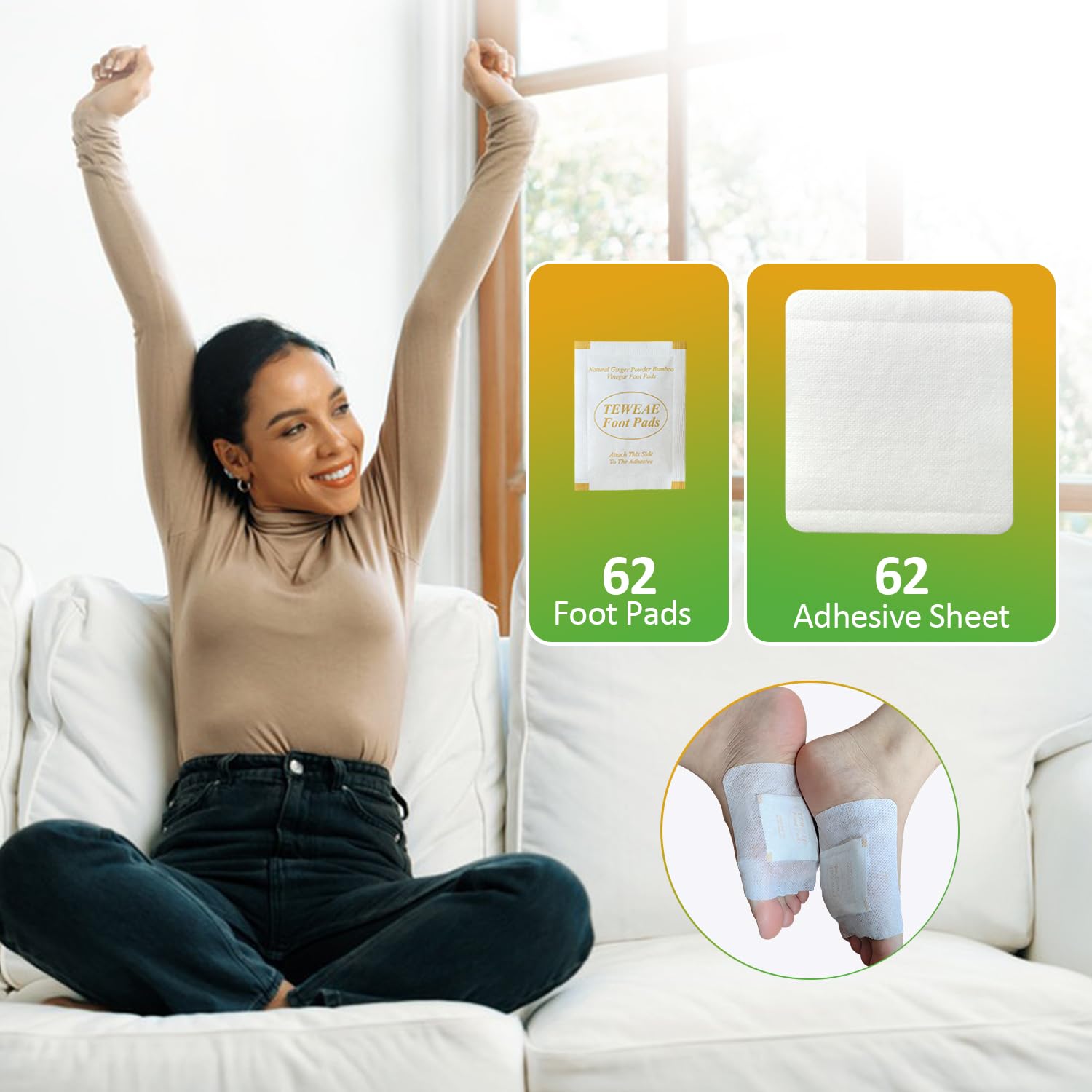 TEWEAE 122Pads - Almohadillas para pies de cúrcuma y jengibre, almohadillas naturales puras con jengibre, ajenjo, vinagre de bambú, almohadilla adhesiva más grande para fácil de pegar