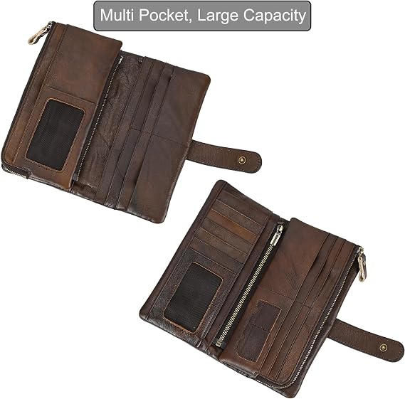 LUUFAN Genuine Leather Long Wallet for Men Zipper Coin Pocket Card Checkbook Wallets Large Capacity Purse, Coffee