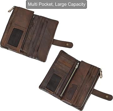 LUUFAN Genuine Leather Long Wallet for Men Zipper Coin Pocket Card Checkbook Wallets Large Capacity Purse, Coffee