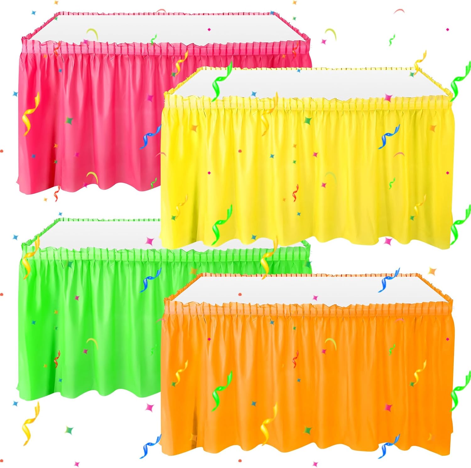 4 Pcs Neon Plastic Table Skirts 29 in x 14 ft Neon Party Favors Disposable Ruffle Table Skirts with Adhesive Strip for Rectangle Desks Fluorescent Birthday Wedding Decor