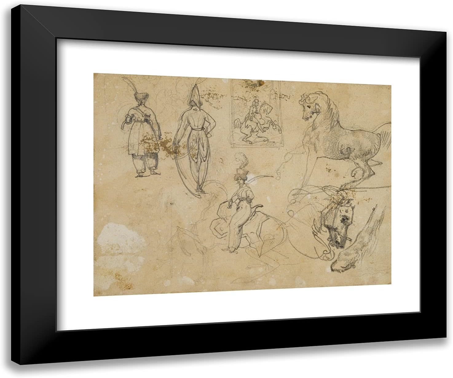 ArtDirect Theodore Gericault 24x20 Black Modern Framed and Double Matted Art Print Titled Sketches of Russian Officers and Horses