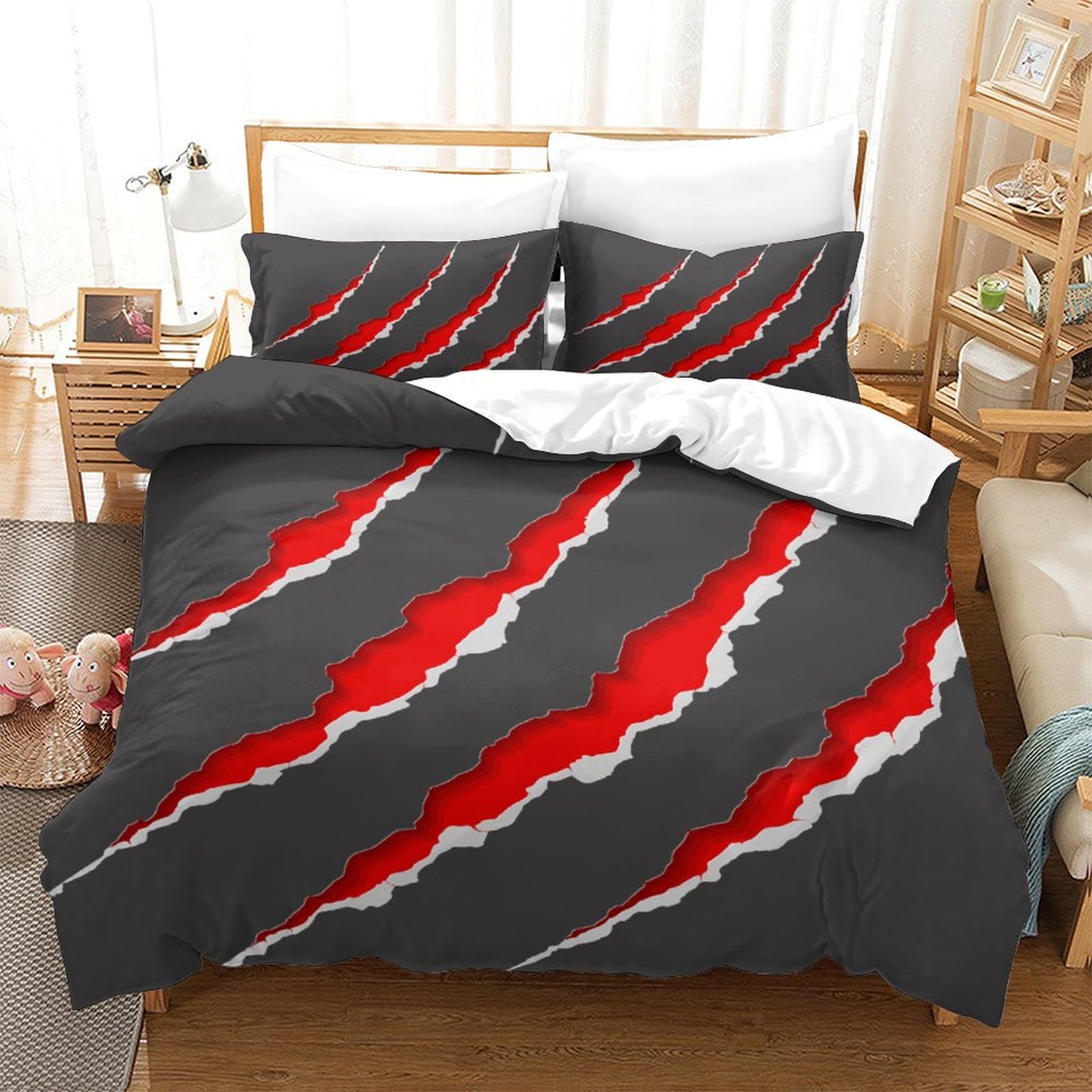 P1s9u7w5y Scratches Splash-1 3D Printed Wild Claw Mark Duvet Cover Set 3Pcs Microfiber Black Red Scratch Bedding Set King（220X240cm）