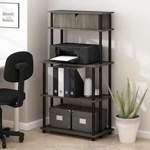 Furinno Turn-N-Tube - Estante de almacenamiento multiusos sin herramientas con gabinete superior, roble francés grisnegro